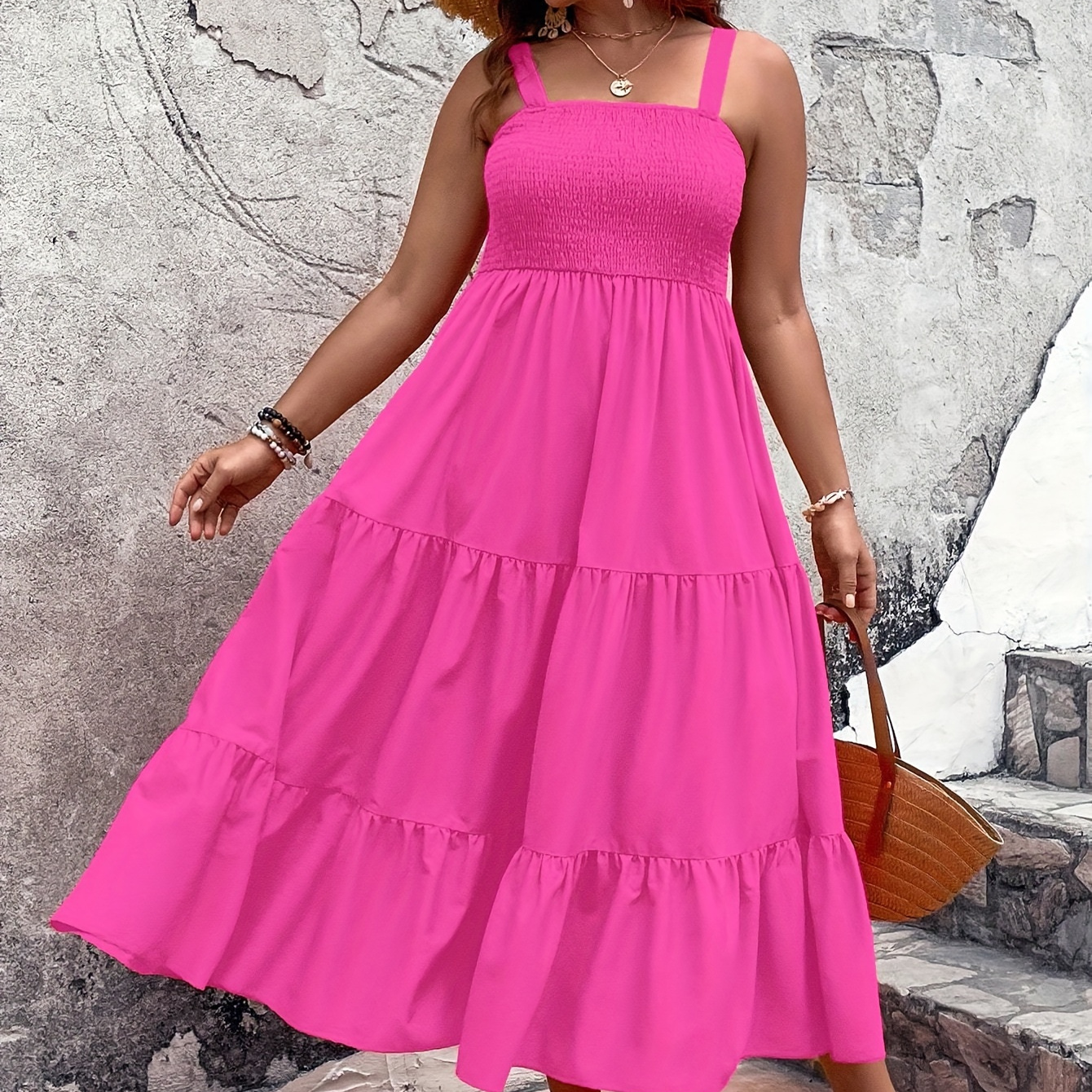 

Plus Size Solid Shirred Tiered Tank Dress, Elegant Sleeveless Dress For Spring & Summer, Women's Plus Size Clothing