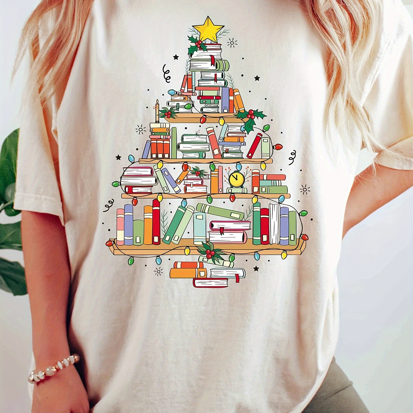 

Christmas Tree Print Women's T-shirt - Casual Crew Neck, Soft Polyester , Machine Washable - Gift