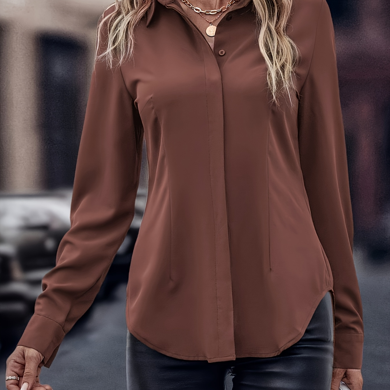 

Plain Color Button Up Shirt, Elegant Long Sleeve Curved Hem Commuter Shirt For Spring & Fall, Women's Clothing