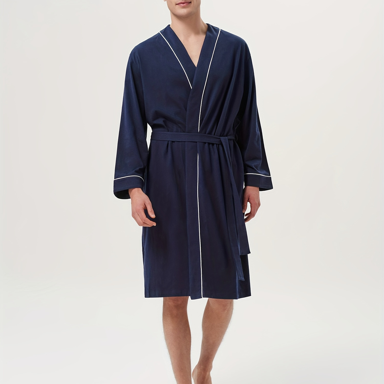 

Men's Cotton Robe Lightweight, Soft Kimono Knee Length Bathrobes For Spa And House