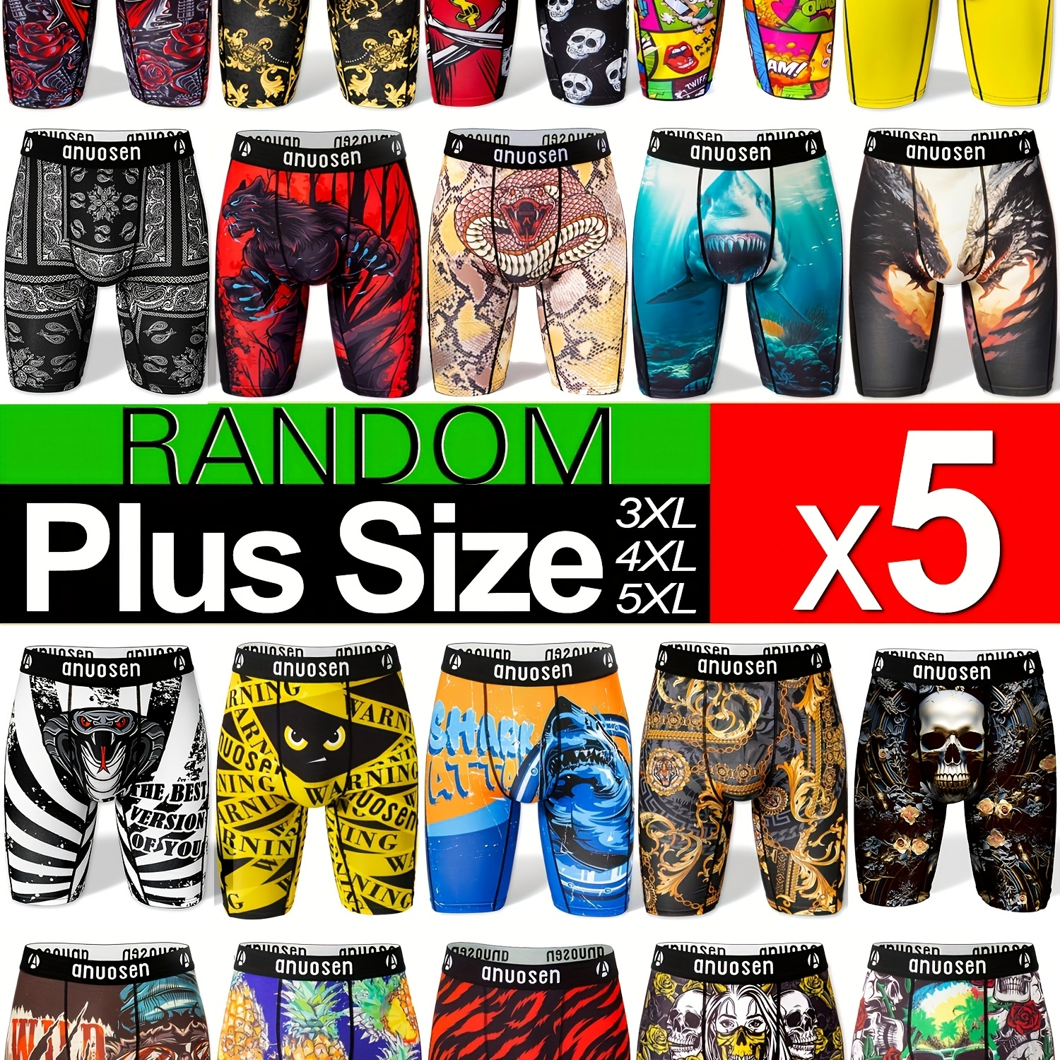 

5- Size Men's Long Boxer Briefs, Assorted Cartoon & Animal Prints, Moisture-wicking Polyester Knit Fabric, Medium Stretch, Fit Underwear For Running & Work Out