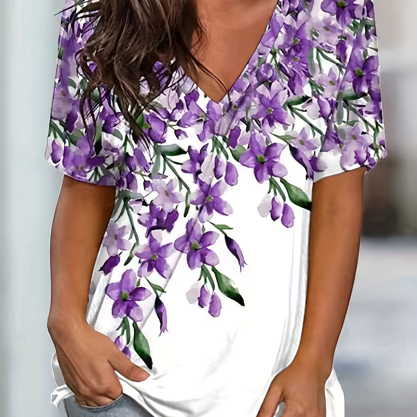 

Plus Size Casual Top, Women's Plus Floral Print Short Sleeve V Neck Slight Stretch Tee
