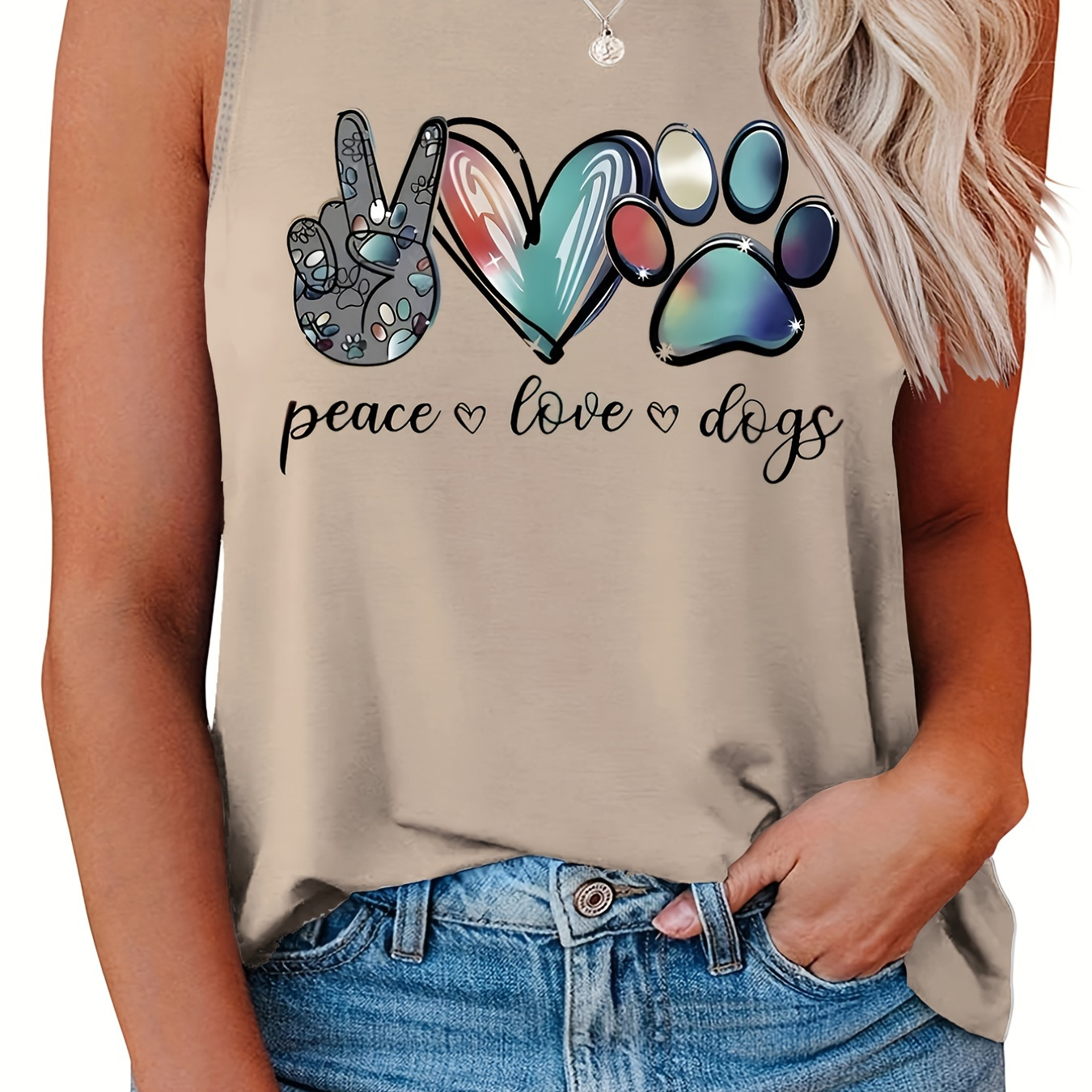 Plus Size Casual Tank Top, Women's Plus Art Letter & Heart & Paws Print Round Neck Slight Stretch Tank Top