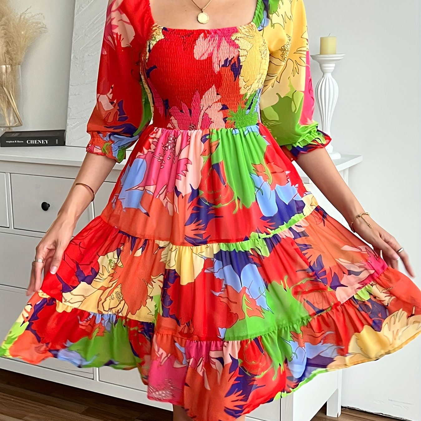 

Robe à imprimé floral, , manches lanterne élégantes, ourlet à volants, robe trapèze pour et , vêtements pour femmes