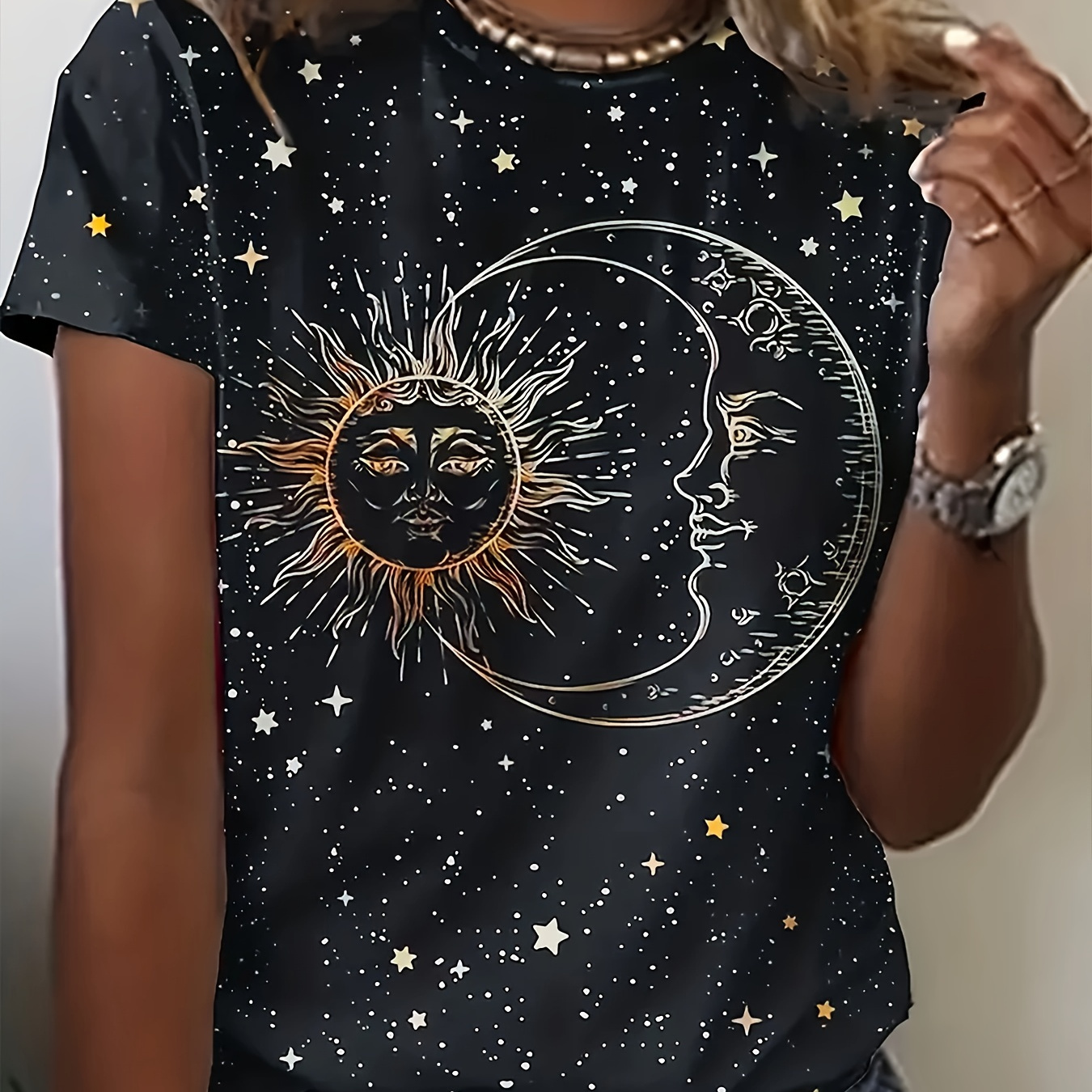 

Sun & Moon Print T-shirt, Casual Short Sleeve Crew Neck Top For Spring & Summer, Women's Clothing