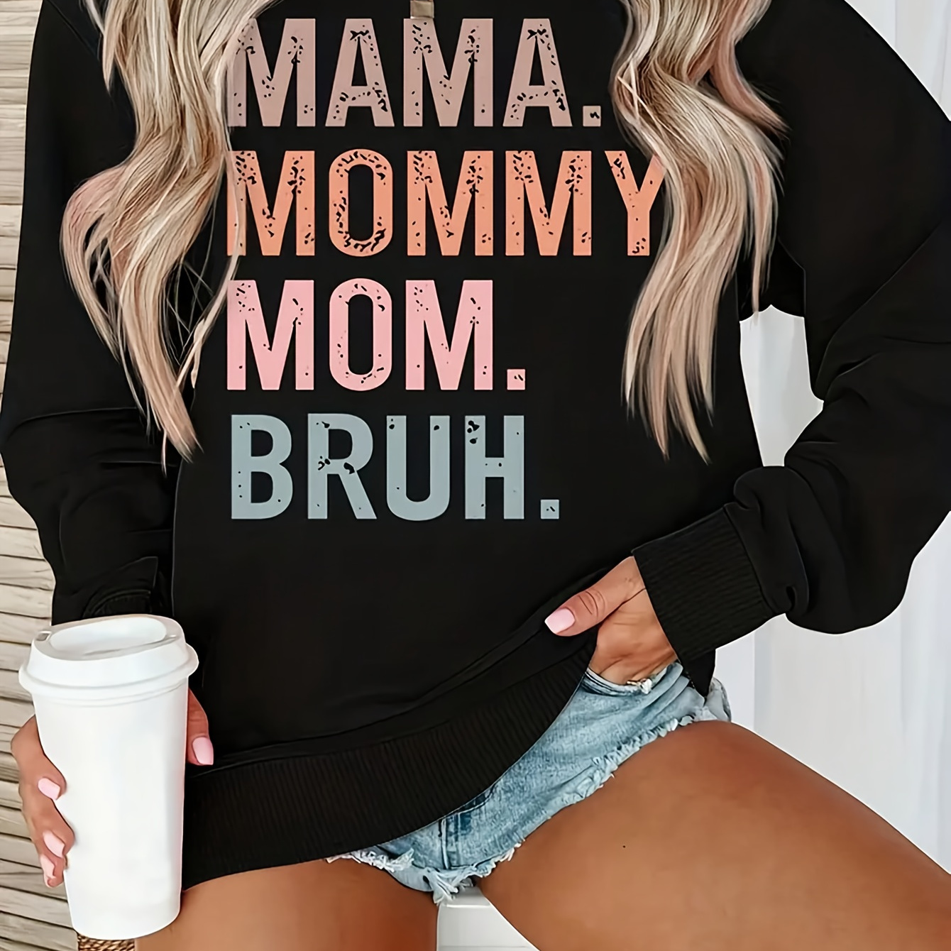 

Mama Mommy Bruh Slogan Sweatshirt For Women - Casual Polyester Hoodie With Round Neck, Knit Fabric, Fall/winter Collection