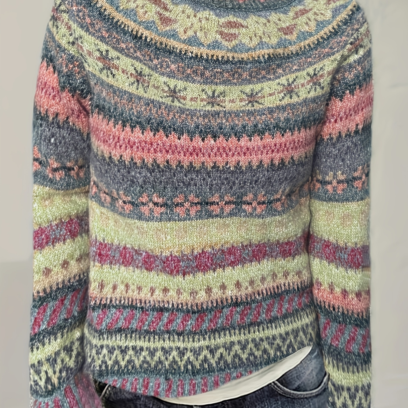 

1pc Élégant Pull Tricoté À Col Rond Pour Femmes, Pull En Polyester Décontracté Avec Des Géométriques, Rayés Et Floraux En Jacquard, Design À De Couleur Pour La Automne/Hiver