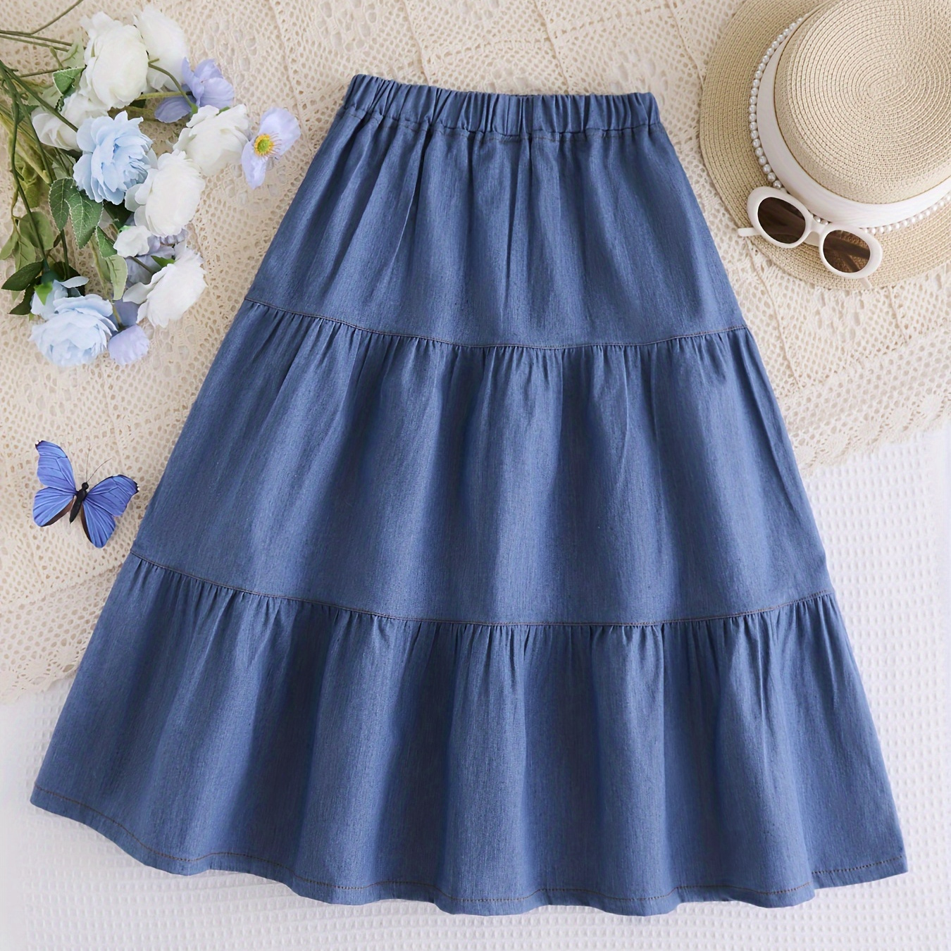 

Solid Color Light & Thin Denim Skirt For Girls, Casual A-line Smocked Skirt For Vacation Casual Outings