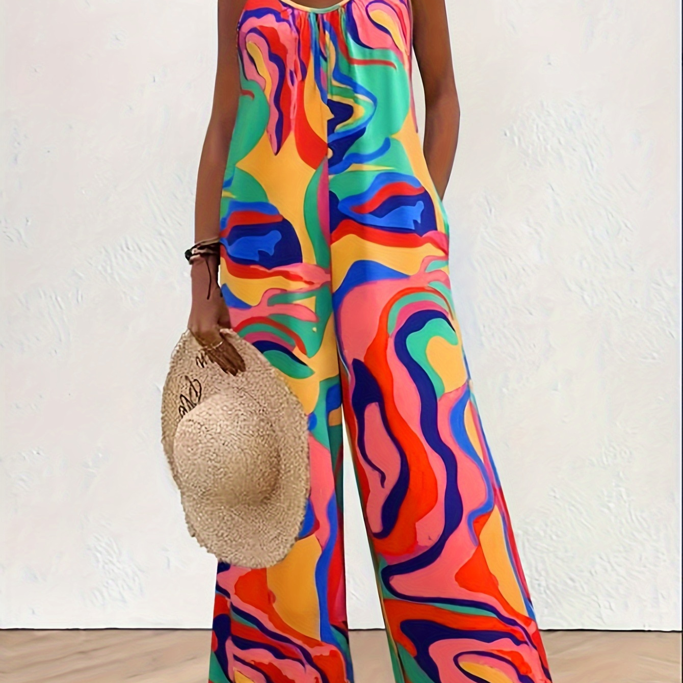 

Abstract Print Spaghetti Strap Jumpsuit, Vacation Style Sleeveless Wide Leg Jumpsuit For Spring & Summer, Women's Clothing