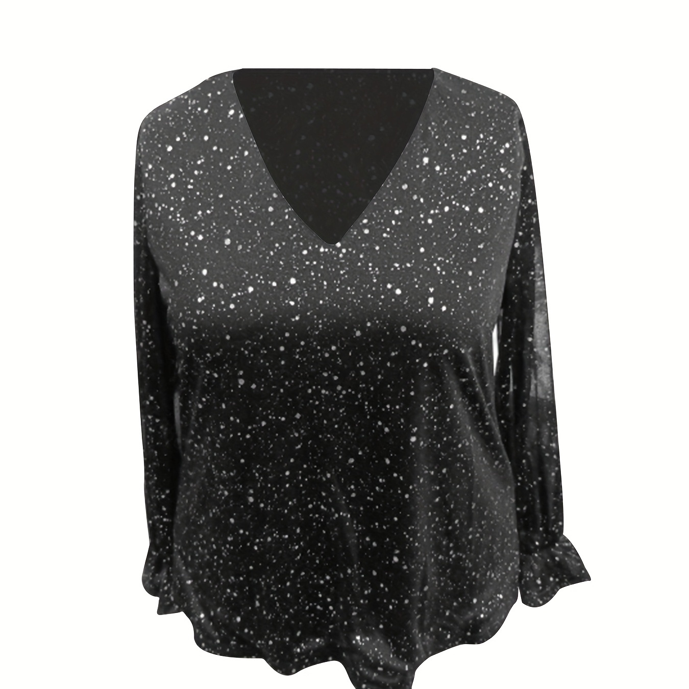 

Plus Size Elegant Black Sequin V-neck Blouse With Sheer Mesh Panel & Cuffs - Long Sleeve, Polyester, Machine Washable - Ideal For Evening Events