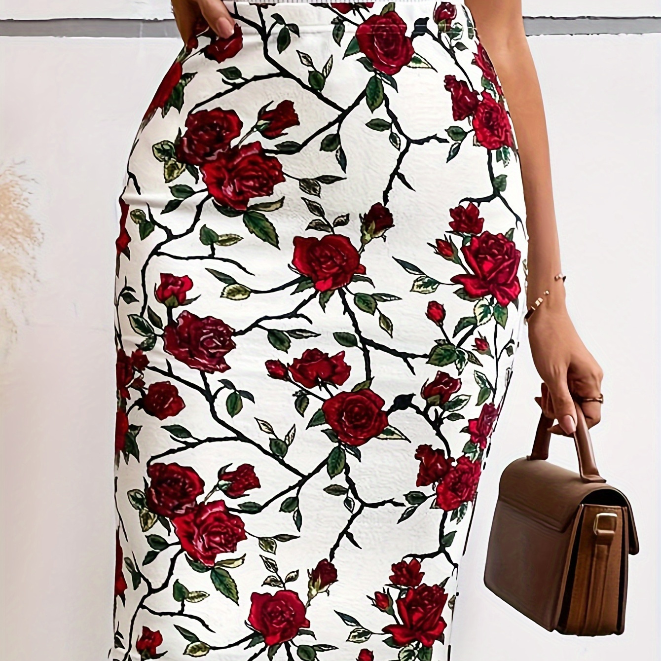 

Floral Print High Waist Bodycon Skirt, Elegant Knee Length Pencil Skirt, Women's Clothing