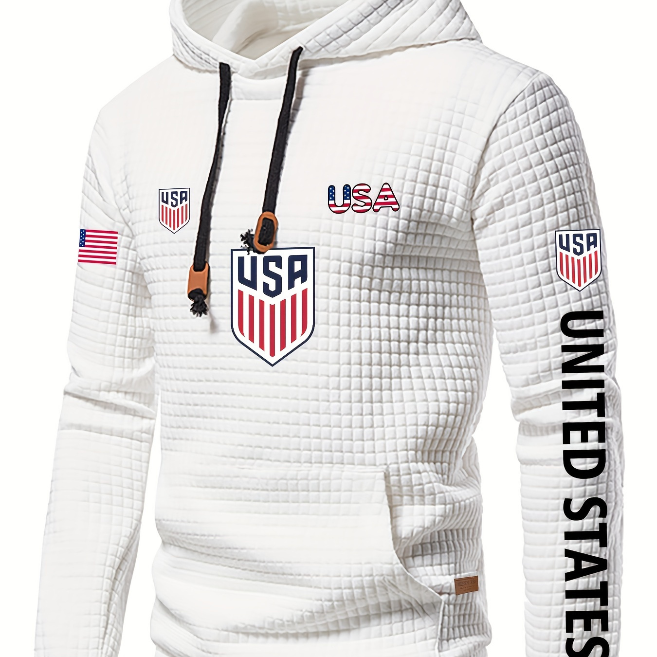 

Men's Patriotic Usa & Flag Print Hoodie - Waffle Knit, Long Sleeve, Comfortable Polyester Pullover With Drawstring Hood For Fall & Winter, American Flag Sweater