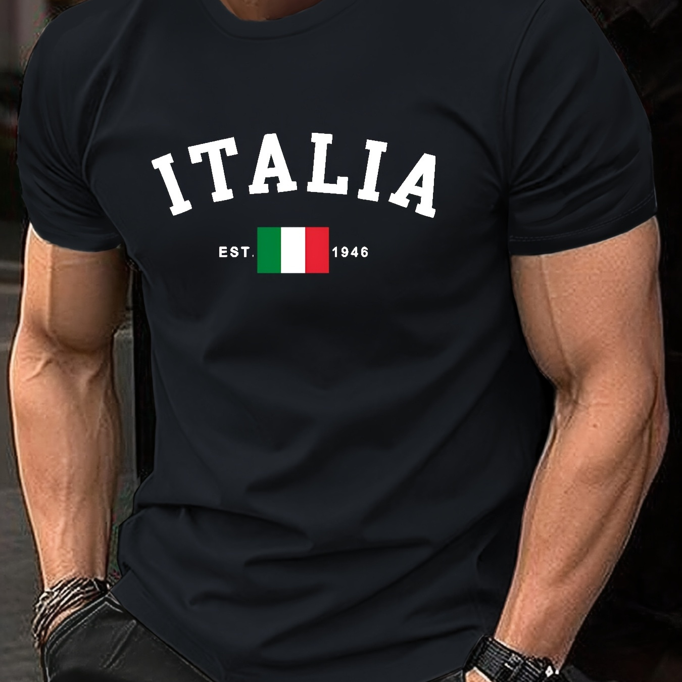 

T-Shirt Homme ITALIA à Imprimé Géométrique - Confortable & Extensible, pour les Activités Extérieures d'Été | Tee-shirt Décontracté à Col Rond avec Mélange de Polyester