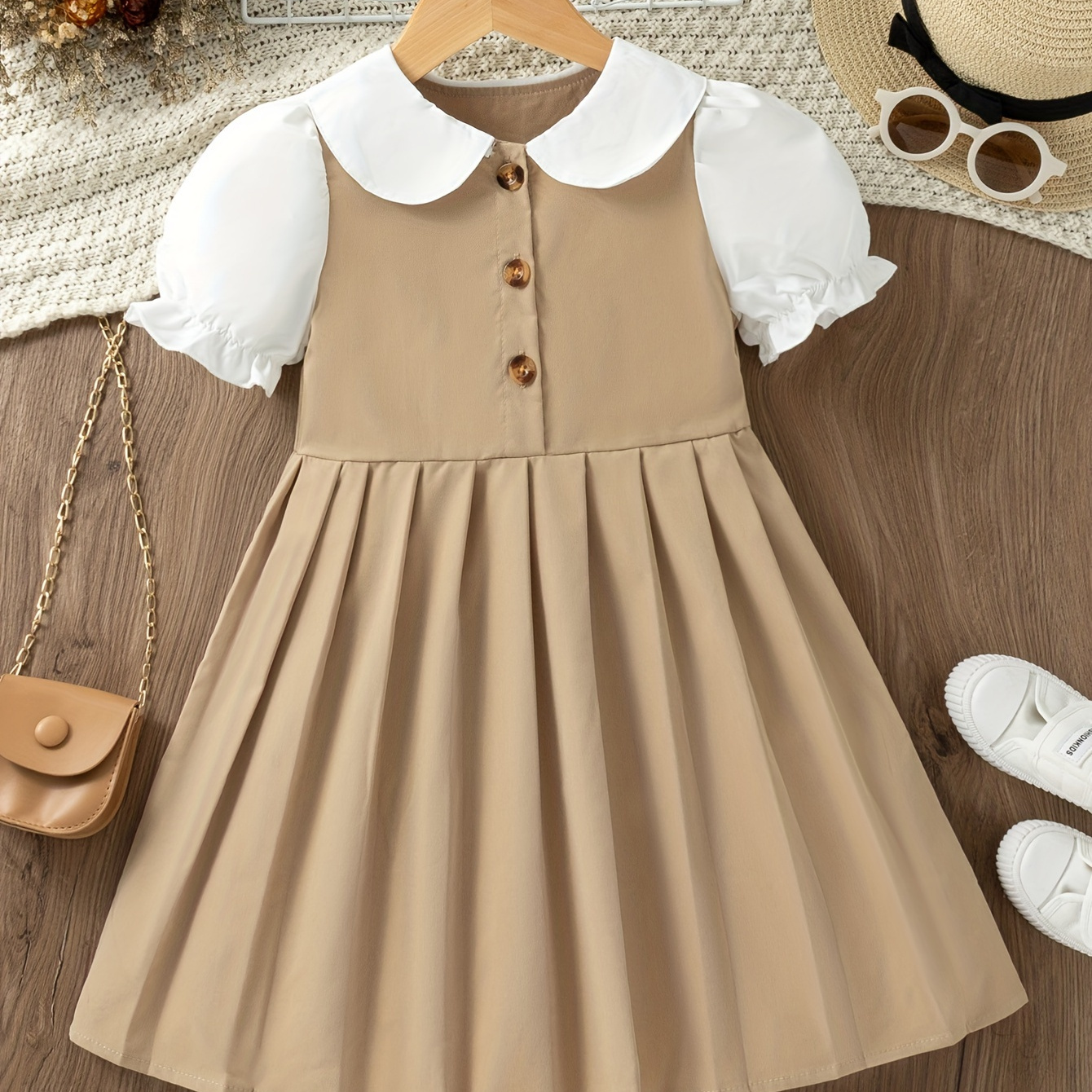 

Preppy Style Doll Collar Pleated Dress For Girls School Uniform Casual Dresses, Summer Gift