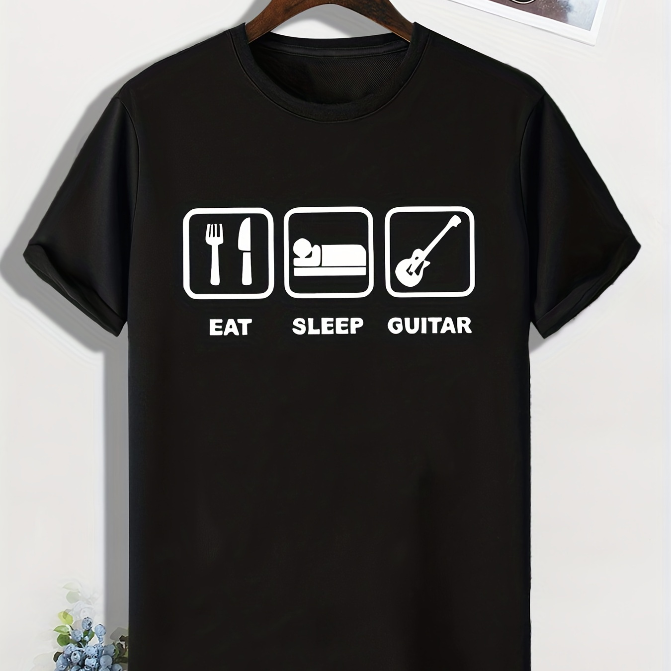 

Eat Sleep Guitar Print, Men's Trendy Comfy T-shirt, Active Slightly Stretch Breathable Tee For Outdoor Summer