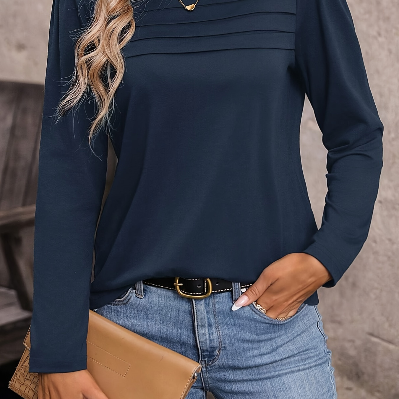 

Pleated Front Crew Neck Blouse, Elegant Long Sleeve Minimalist Blouse For Spring & Fall, Women's Clothing