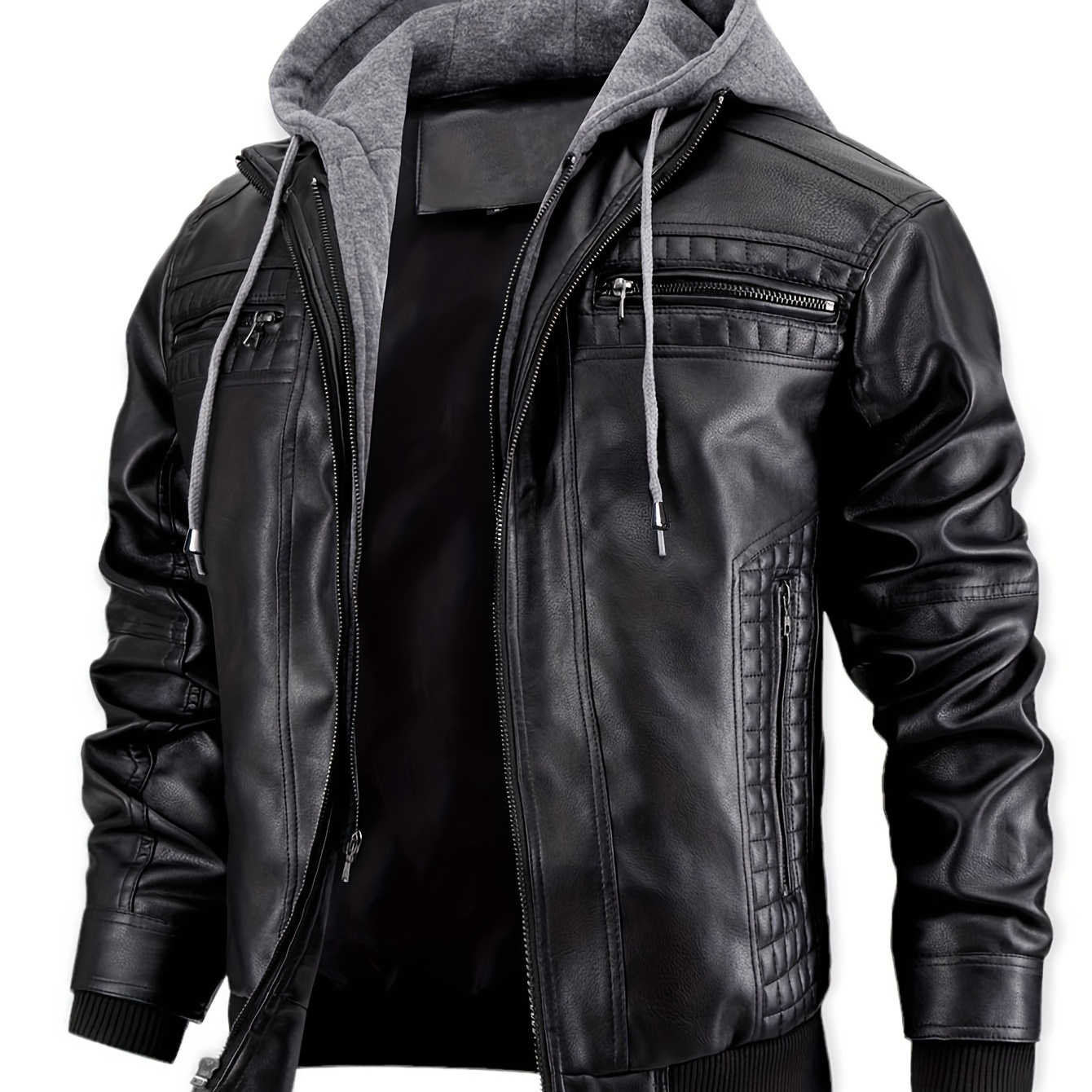 

Men's Casual 2 In 1 Pu Leather Jacket, Chic Bomber Jacket Biker Jacket With Zipper Pockets