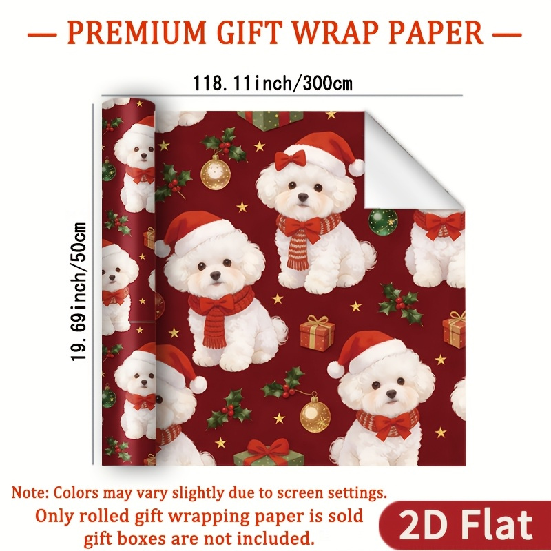 TEMU 1 Rouleau de Plat 2D Noël Bichon Frise | Fond Rouge Foncé avec Bichon Frise Blanc en de Père Noël et Écharpe, de Boîte Cadeau et Ornements de