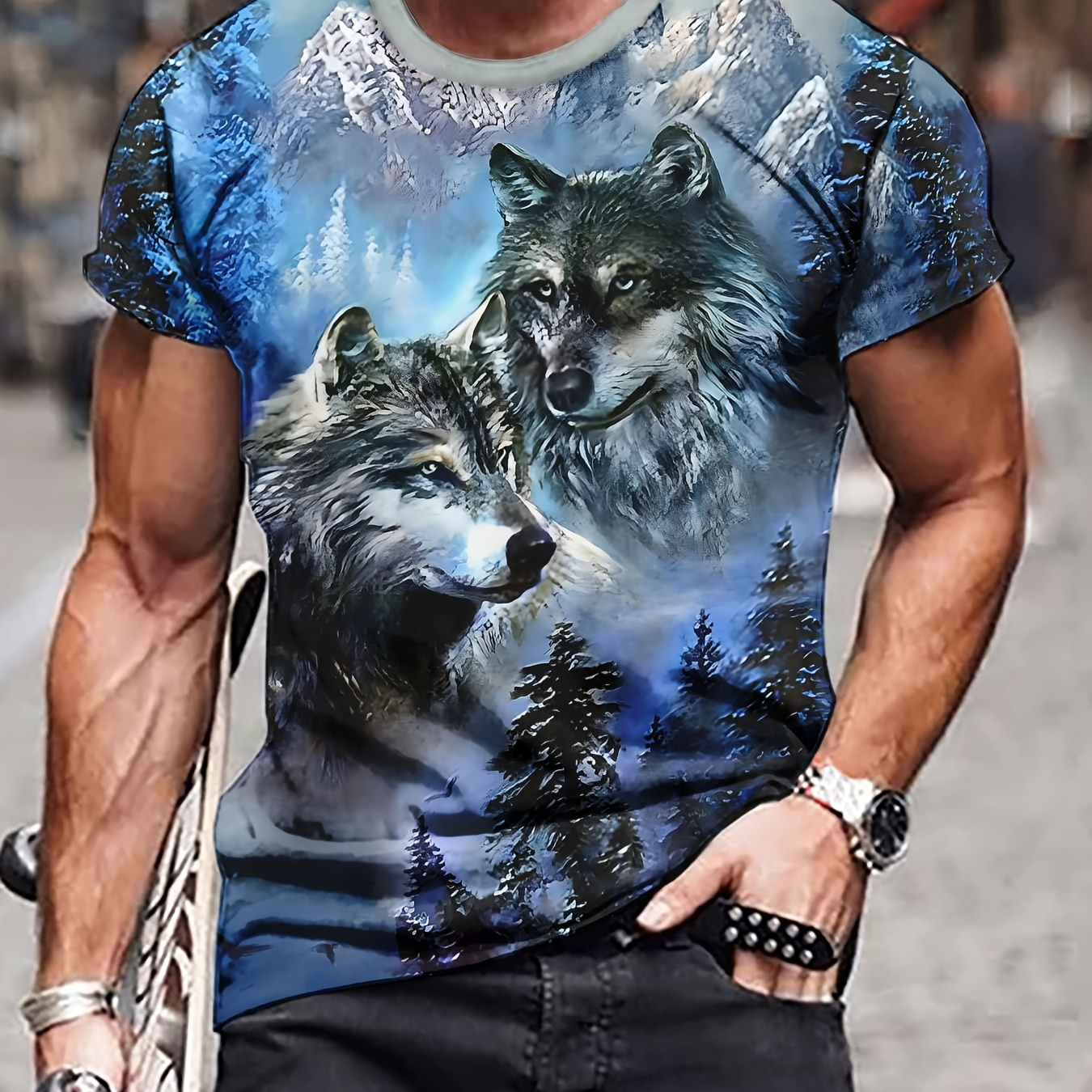 

Men's Wolves Graphic Print T-shirt, Short Sleeve Crew Neck Tee, Men's Clothing For Summer Outdoor