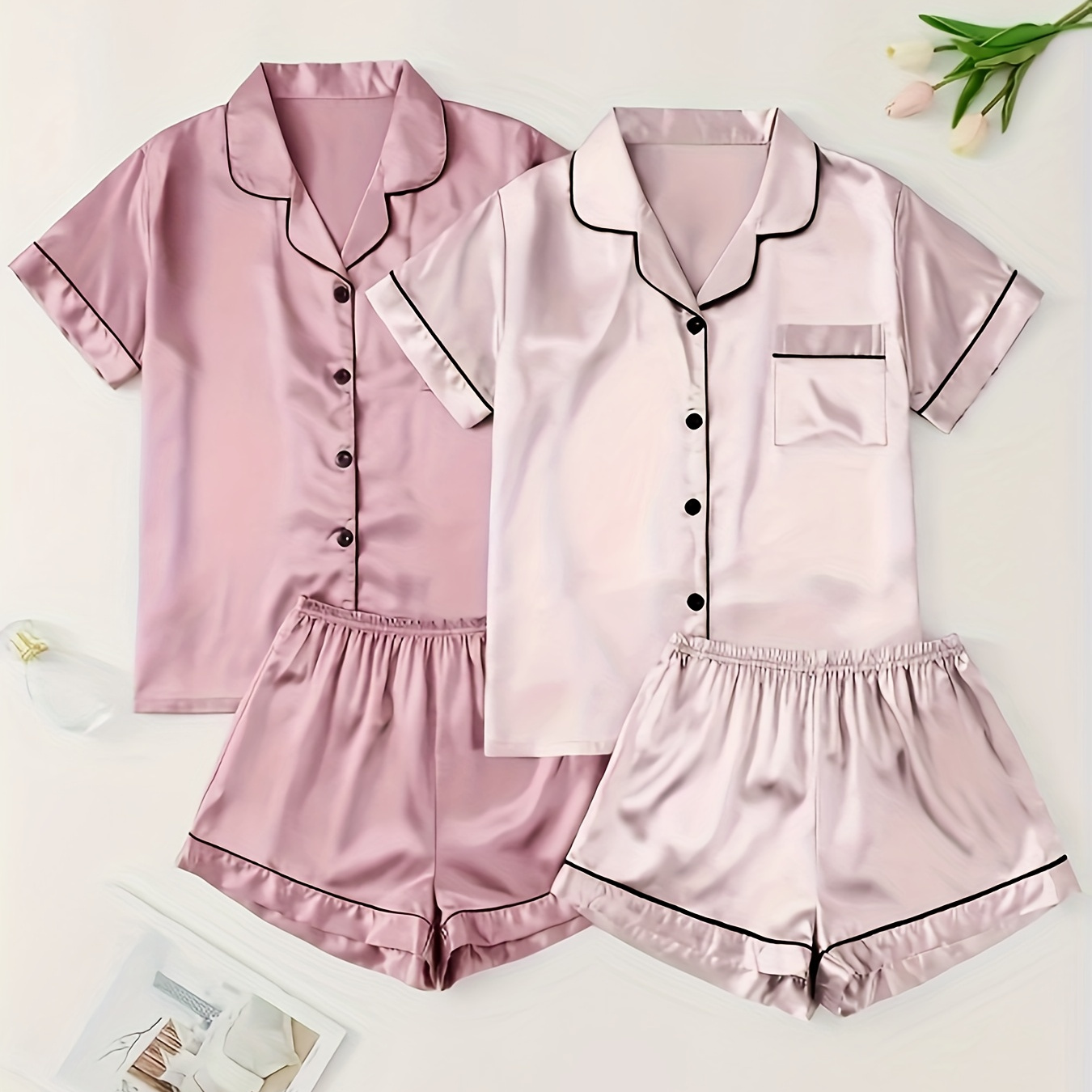 

2-piece Satin Pajama Set For Women, Elegant Short Sleeve Shirt And Shorts, Solid Color, Button Detail, , Adult Sleepwear, Woven Fabric