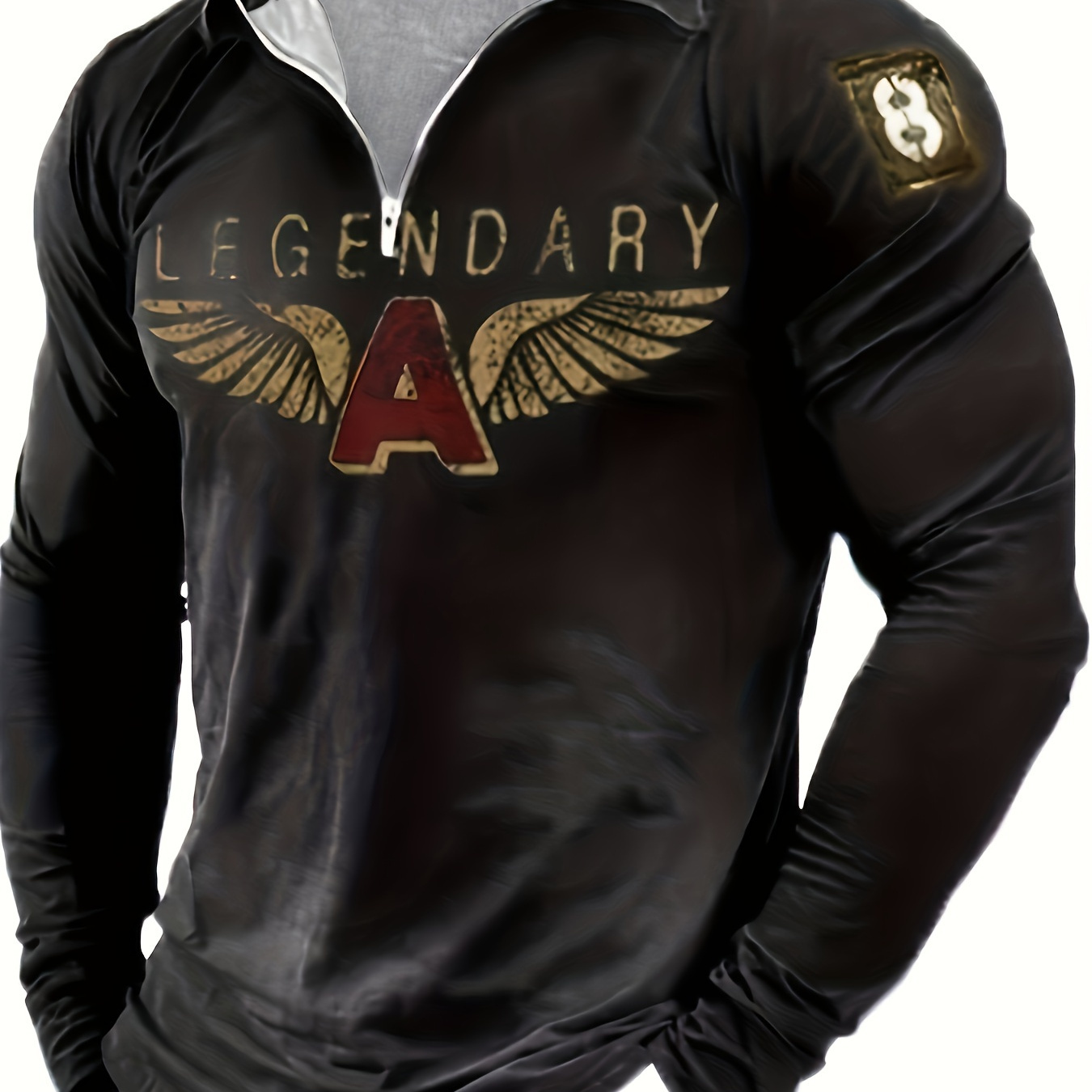

Men's Long Sleeve Zip Up Lapel Shirt, Casual Style Trendy Print With Car Badge Wings, Fashionable Top
