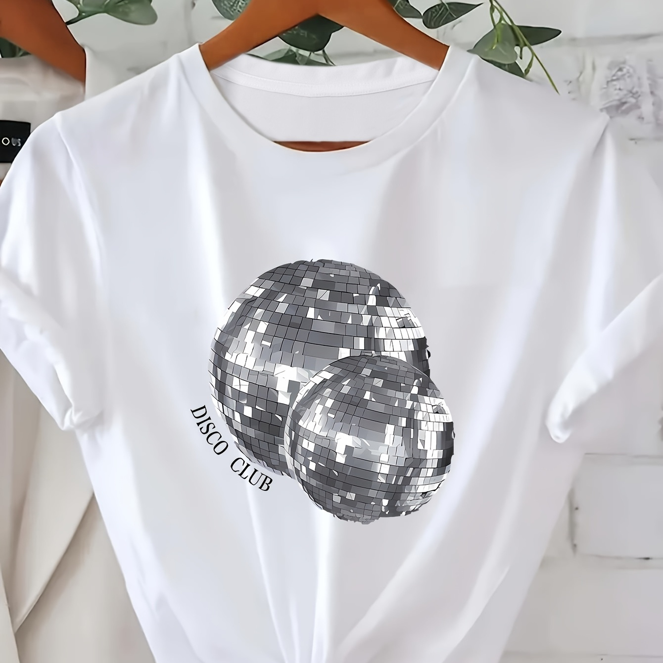 

Women's Casual Short Sleeve T-shirt With Geometric Disco Ball Print, Crew Neck, Knit Polyester (95% Polyester, 5% Elastane), Regular Fit Top For Spring/summer/fall - 180gsm