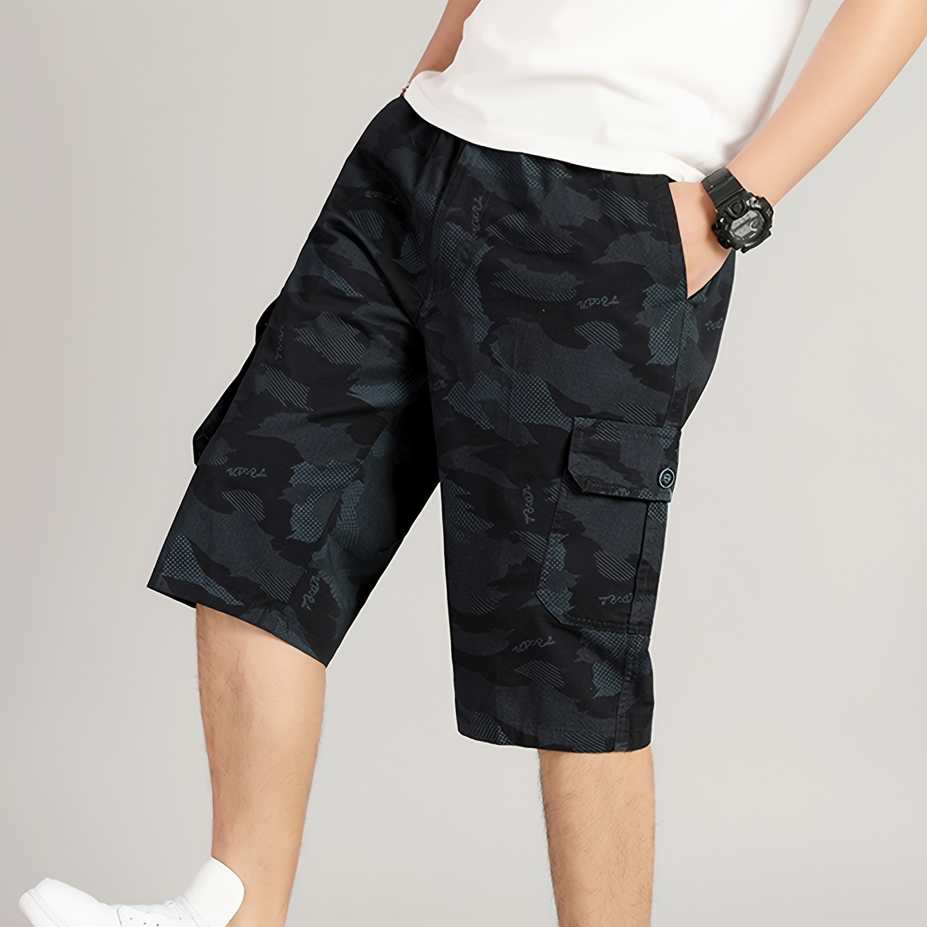 

Men's 100% Cotton Camouflage Print Cargo Shorts With Multi Pockets, Casual Shorts For Summer, Bermuda Shorts