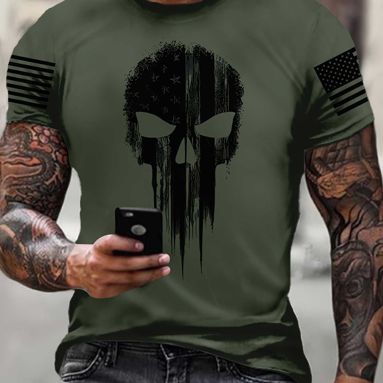 

Men's Tactical Skull Print T-shirt - Casual Polyester, Machine Washable, Round Neck, Olive Green With American Flag Motif Stripes