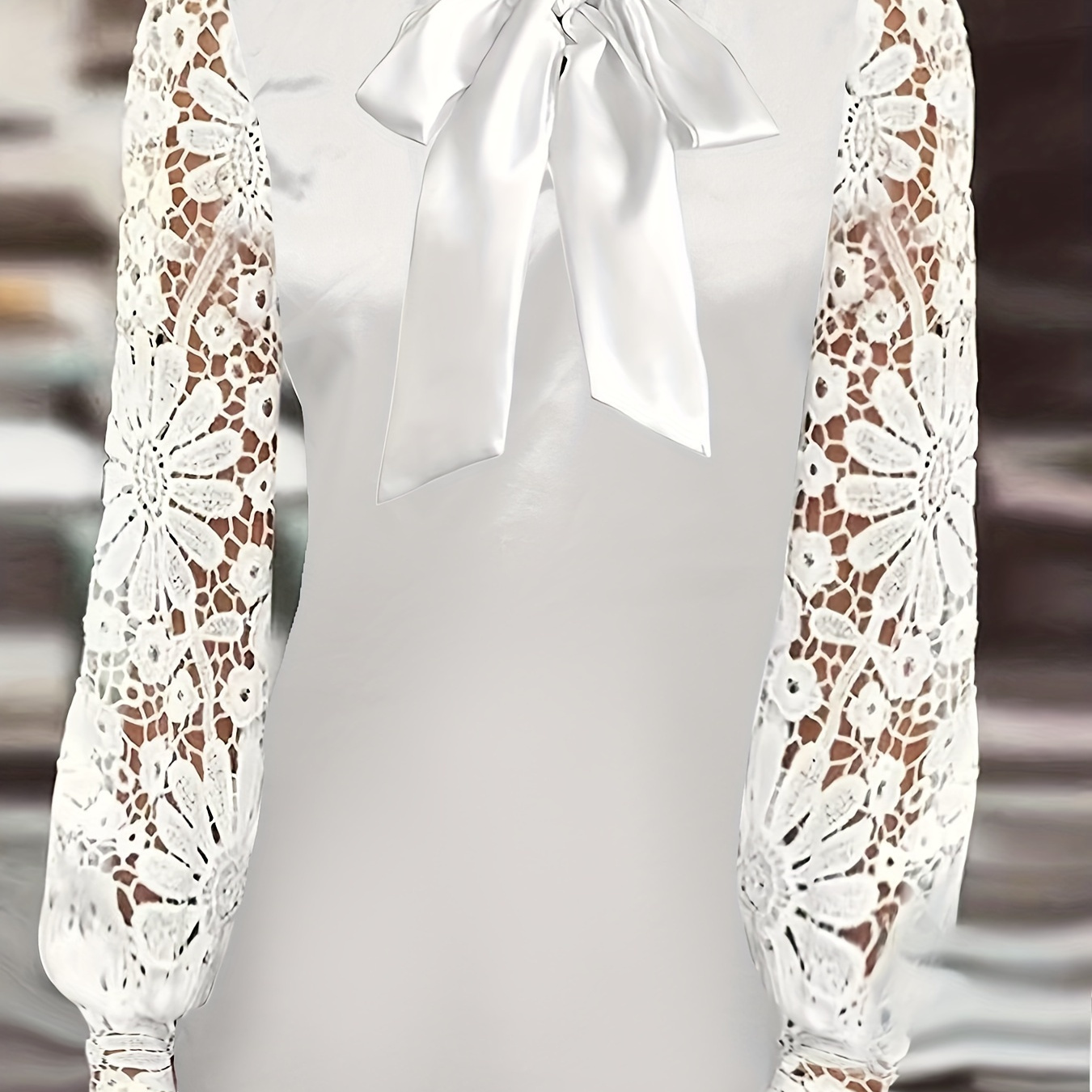 

Lace Splicing Tie Neck Blouse, Elegant Long Sleeve Blouse For Spring & Fall, Women's Clothing