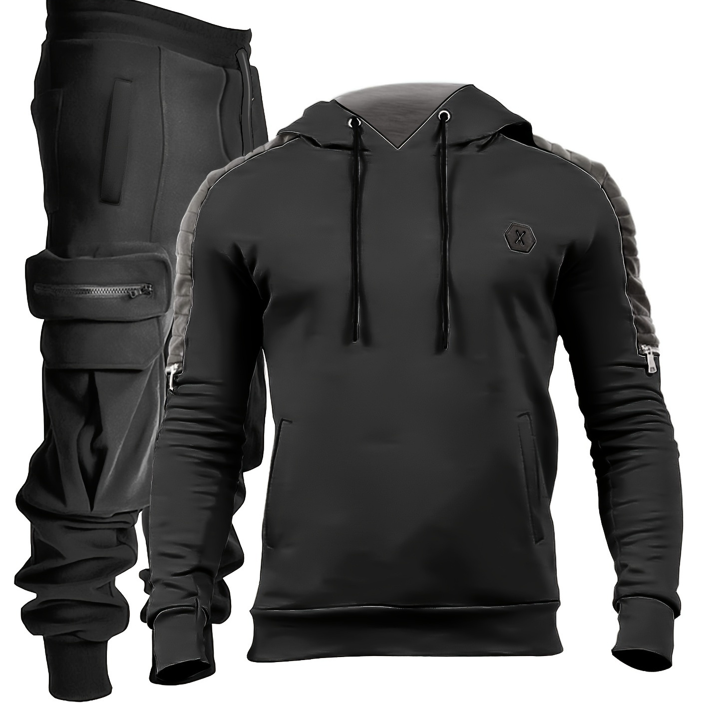 

Men's Casual 2pcs Set, High Stretch Sports Hoodie & Multi Pocket Joggers Matching Set For Gym Workout Training