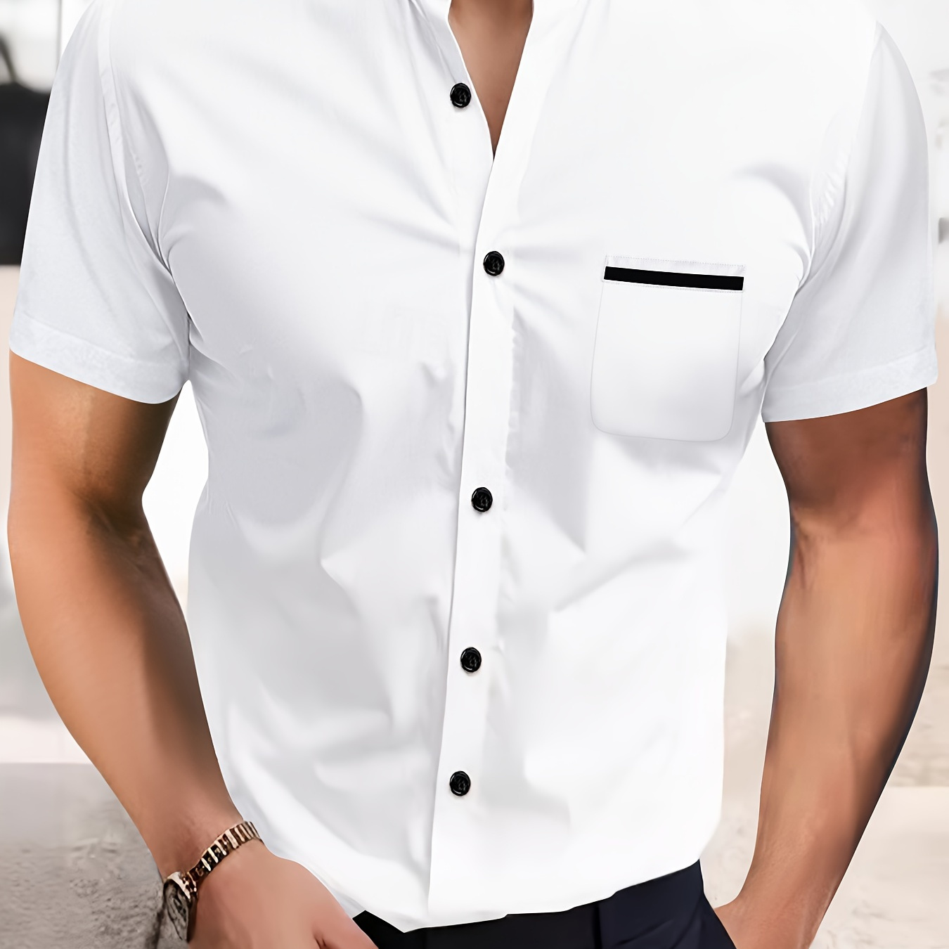 

Men's Contrast Collar Trim Design Short Sleeve Stand Collar Shirt Top, Male Casual Button Up Shirt For Summer Daily Wear And Vacation Resorts