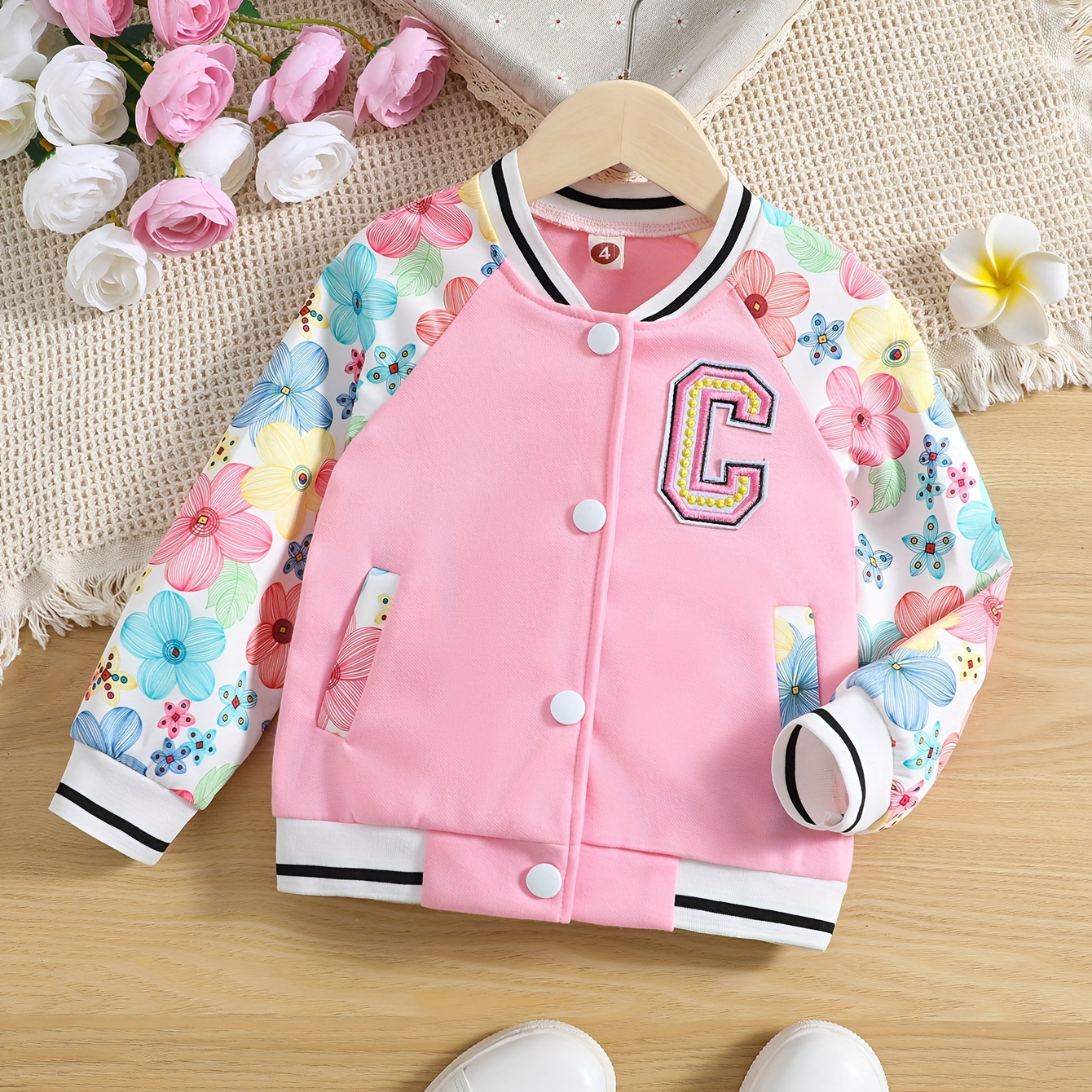 Trendy & Varsity Style Toddler Girl's Letter Embroidery Floral Long Sleeve Baseball Bomber Jacket