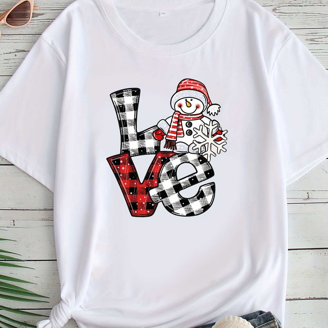 

Women's Plus Size Christmas T-shirt, Festive Snowman & Love Design, Casual Round Neck Short Sleeve Tee, Stretch Polyester Fabric, All Seasons Available