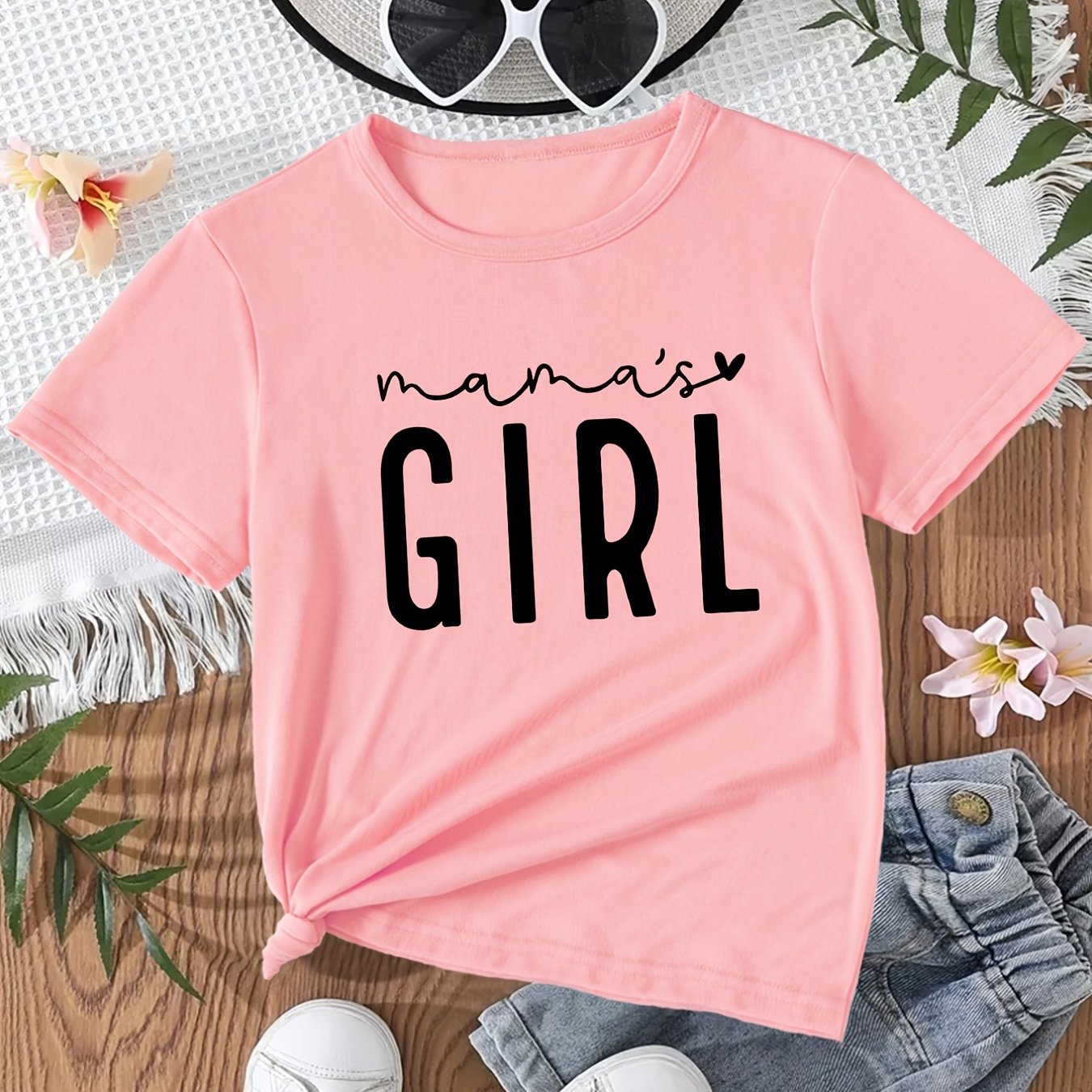 Girls "MAMA'S GIRL" Graphic Casual T-Shirt, Round Neck Short Sleeve Tees Top, Kids Summer Clothes