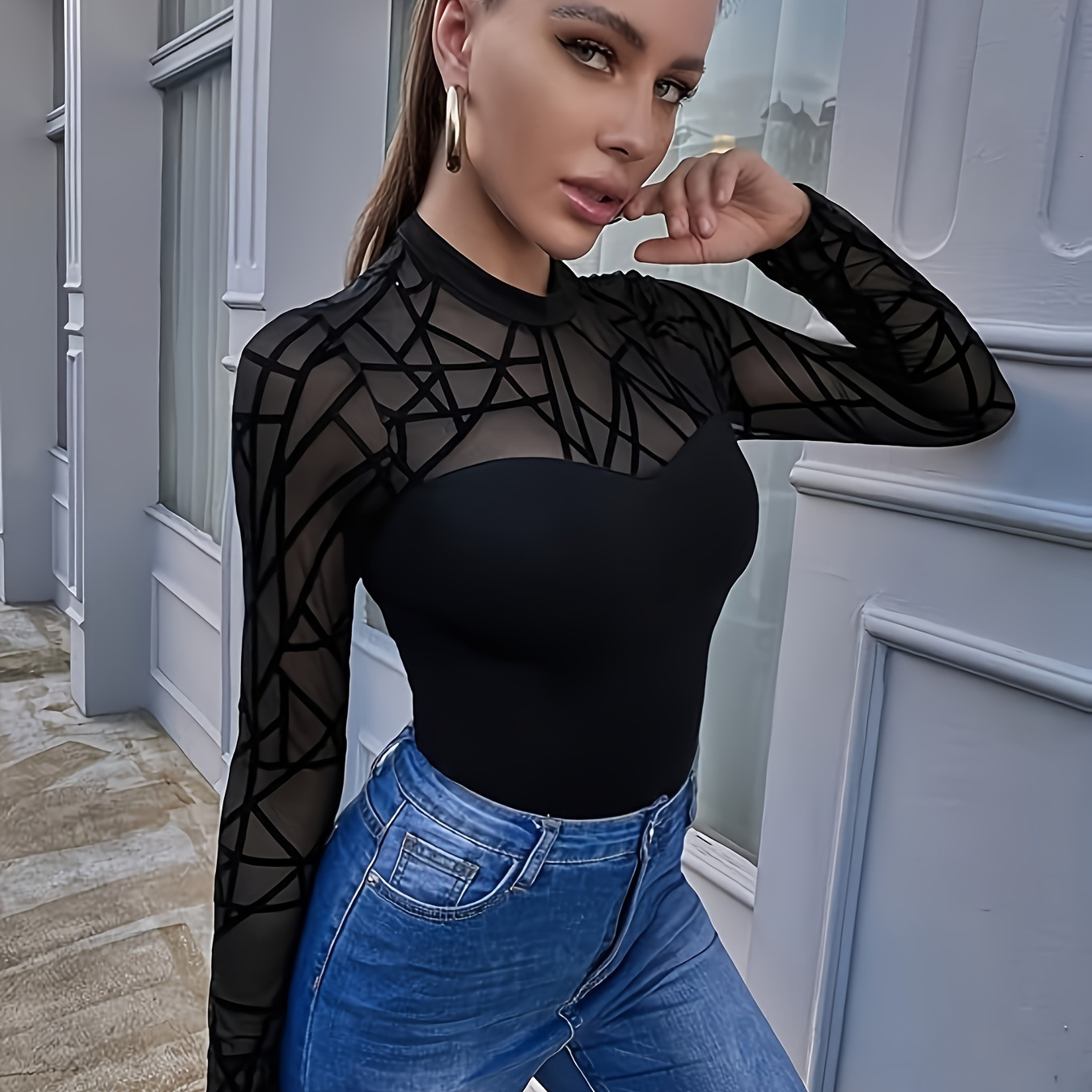 

Solid Stand Neck T-shirt, Elegant Long Sleeve T-shirt For Spring & Fall, Women's Clothing