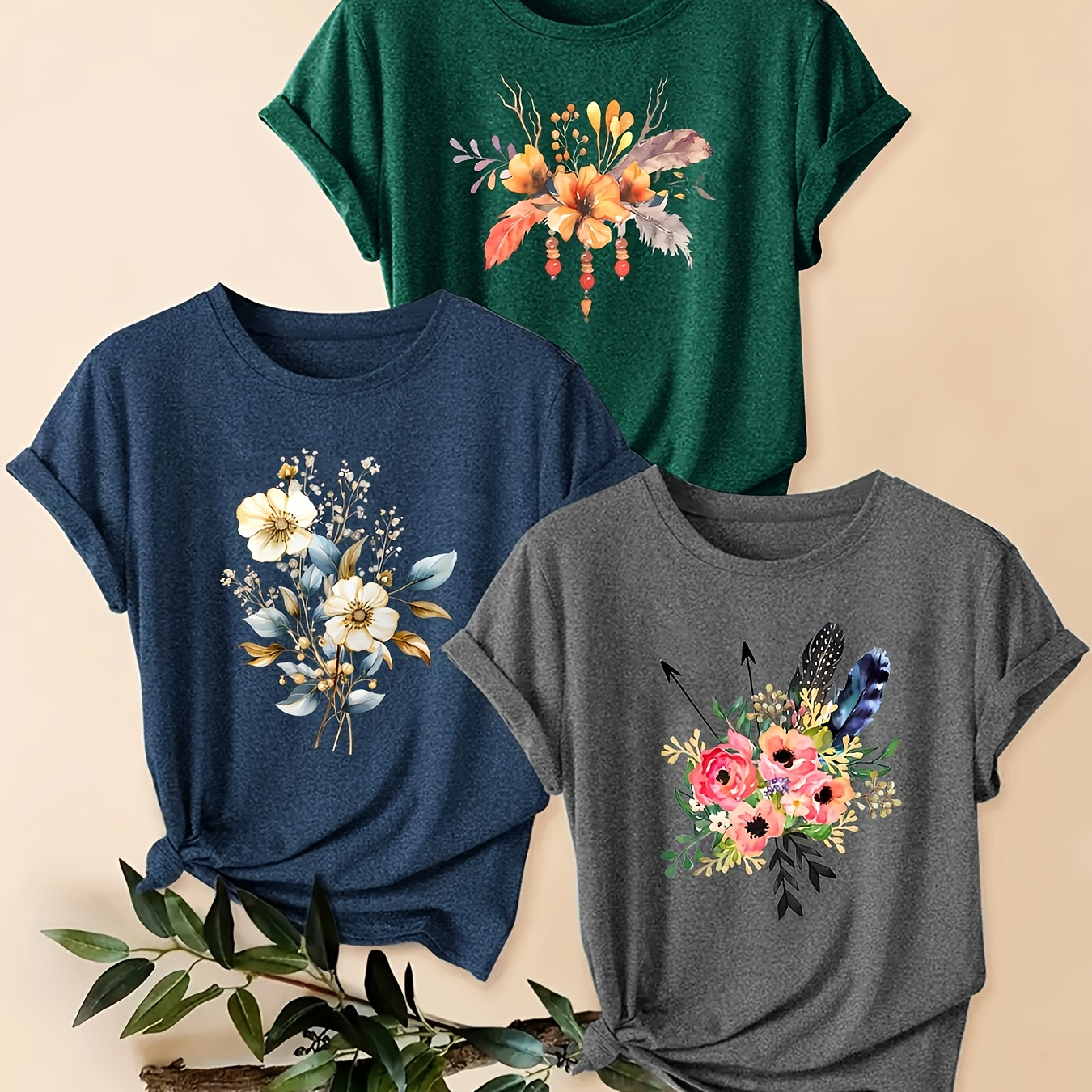 

Women's Floral Print T-shirts Set, Casual Round Neck Short Sleeve Sports Top, All , Assorted Colors