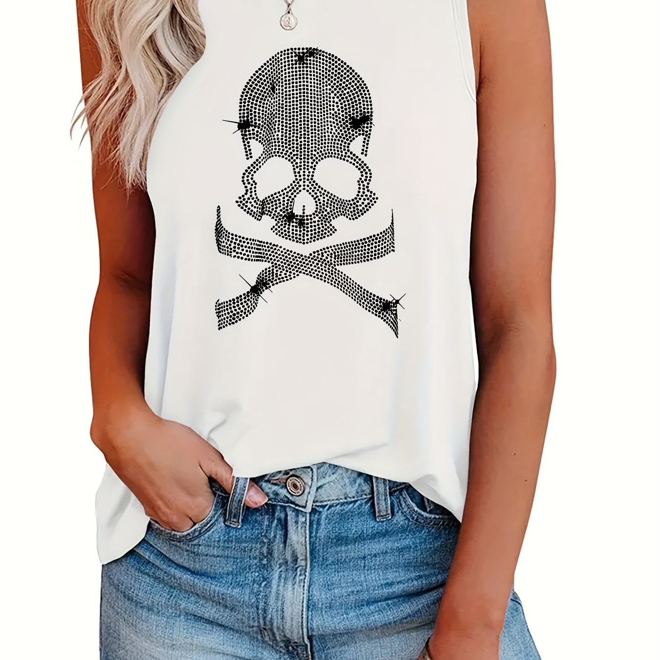 

Plus Size Skull Pattern Rhinestone Tank Top, Casual Sleeveless Crew Neck Top For Summer & Spring, Women's Plus Size Clothing