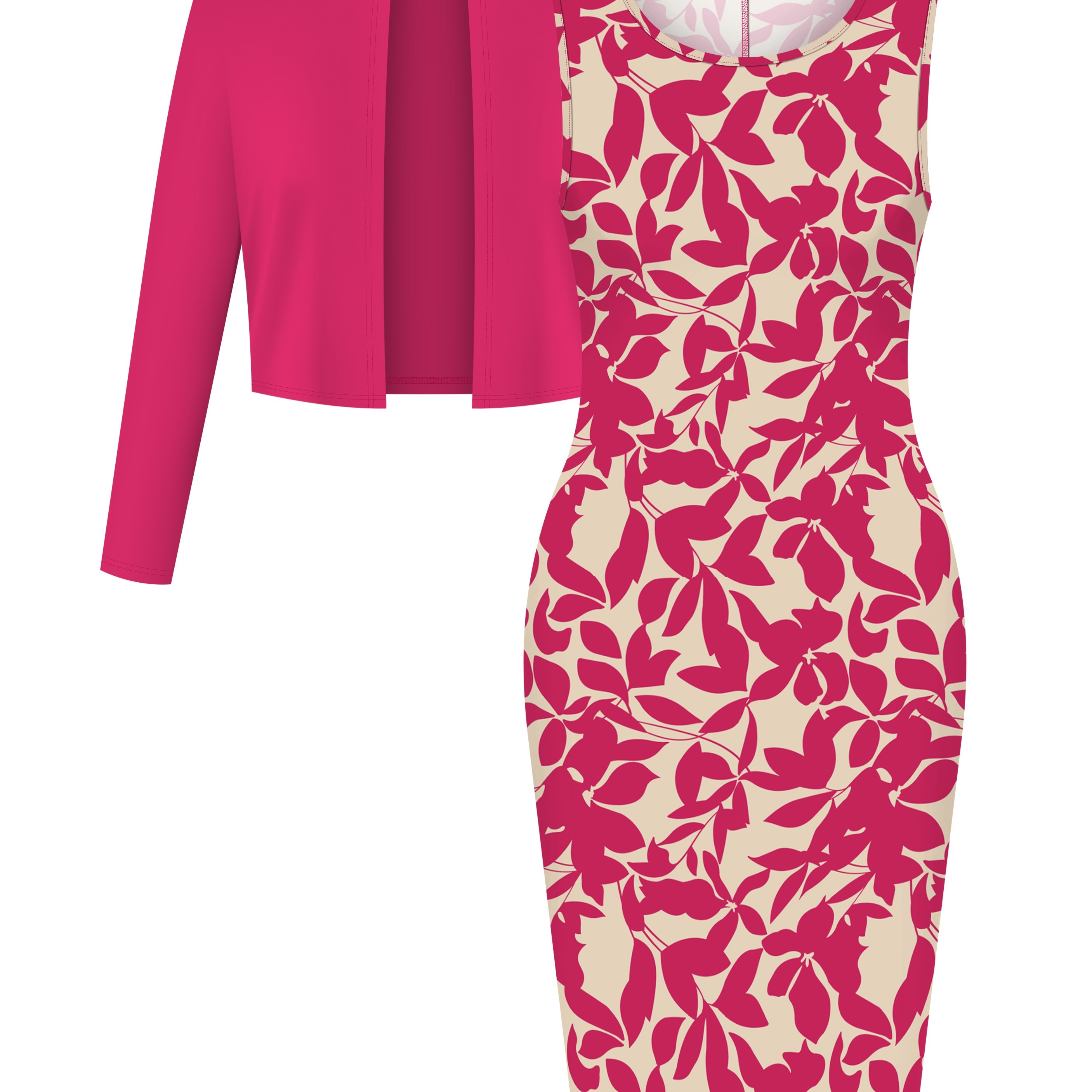 

1 Set Elegant Women'-piece Outfit - Polyester Knit Cardigan With Plant Pattern And Sleeveless Dress With Open Front