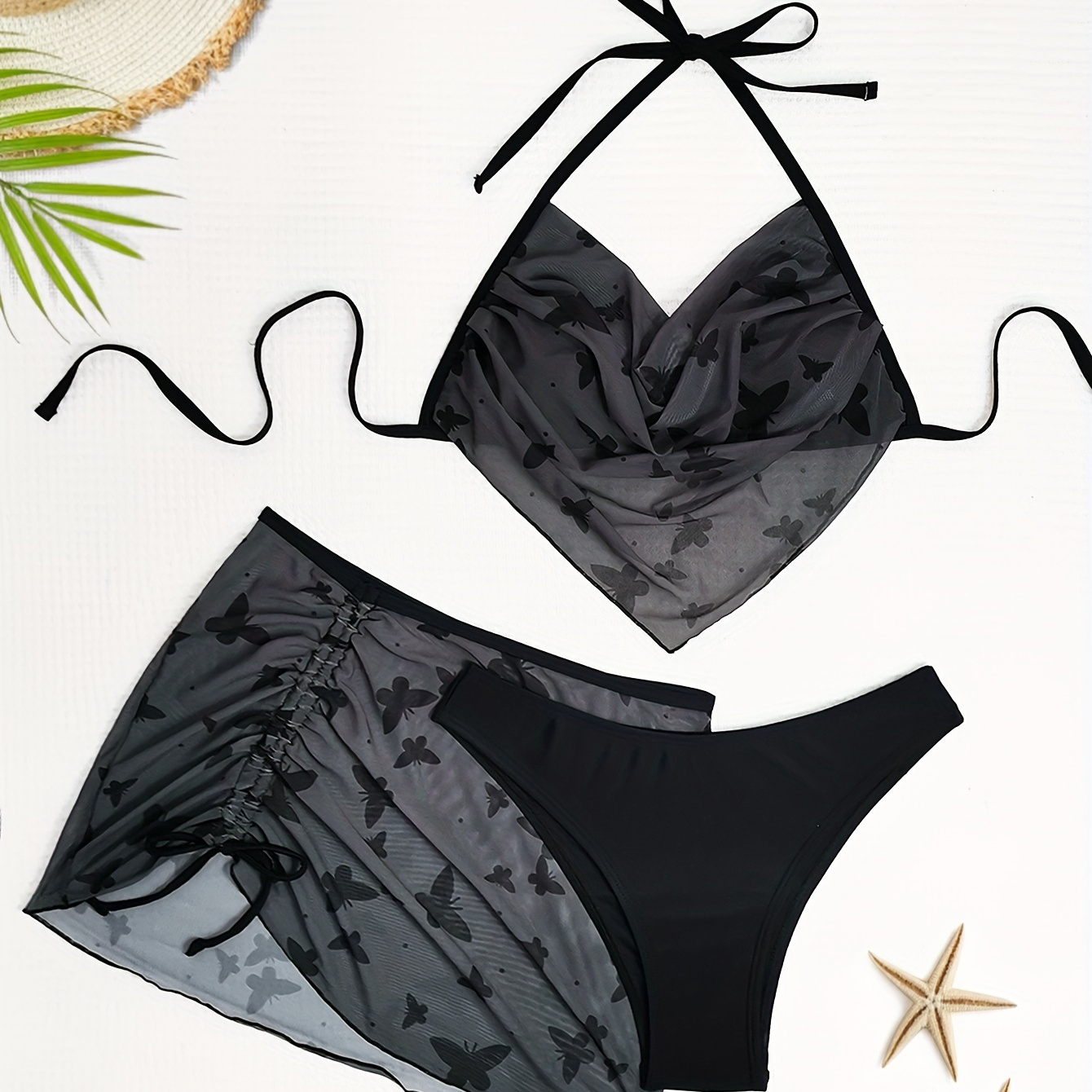 

Butterfly Print 3 Piece Set Bikini, Halter Neck Hanky Hem High Cut With Cover Up Skirt Swimsuits, Women's Swimwear & Clothing
