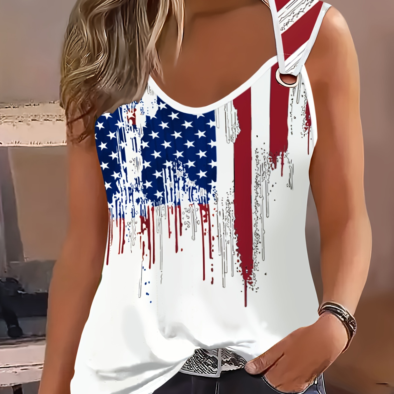 

American Flag Print Crew Neck Tank Top, Casual Sleeveless Top For Summer & Spring, Women's Clothing