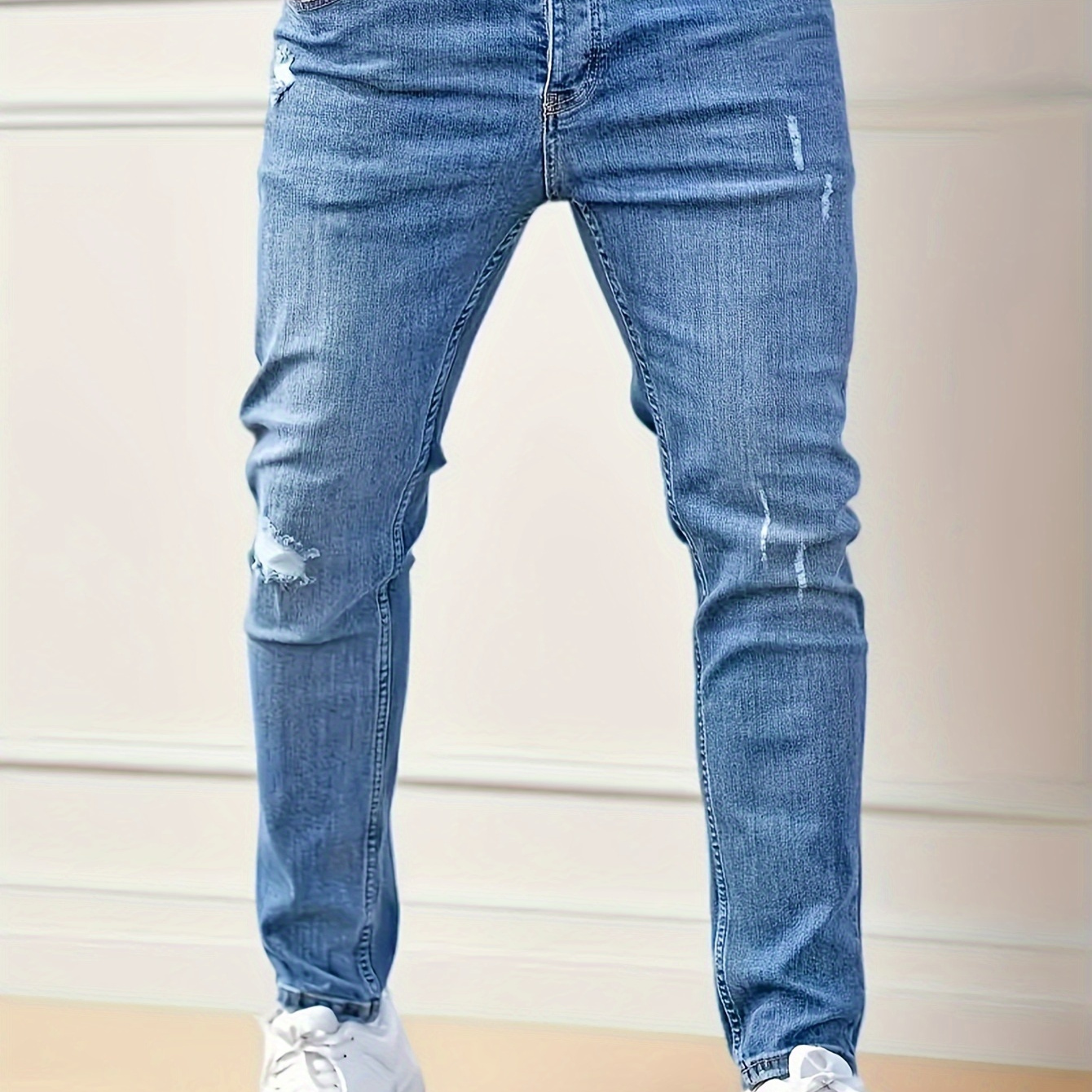 

Men's Slim Fit Stretch Jeans - High Waist, Solid Color Casual Denim Pants With Ripped Detail, Machine Washable