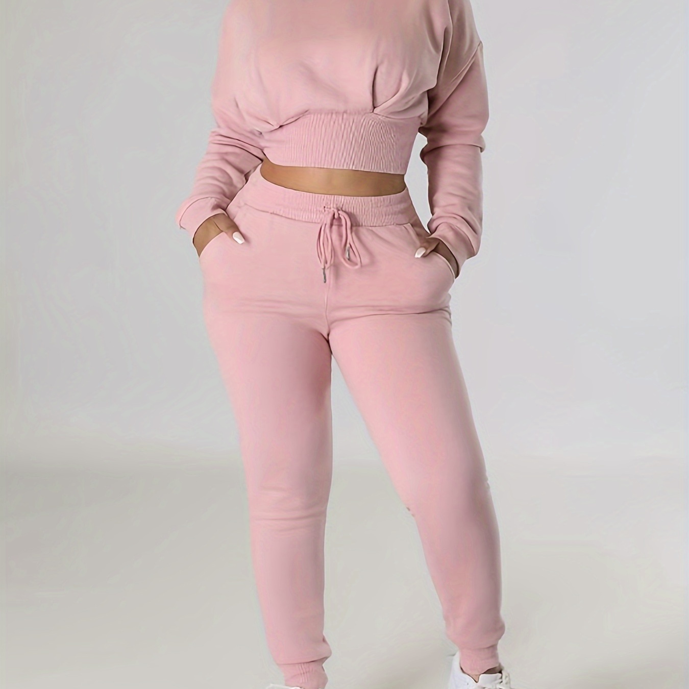 

Solid Casual Two-piece Set, Crew Neck Long Sleeve Tops & Drawstring Jogger Pants Outfits, Women's Clothing