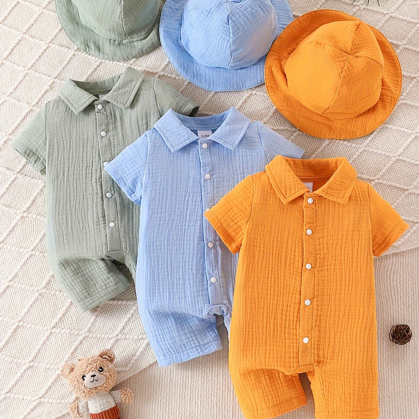 

3 Sets Baby Boys 100% Cotton Outfit, Solid Short Sleeve Lapel Romper And Matching Hat Set, Breathable Soft Summer Holiday Clothing