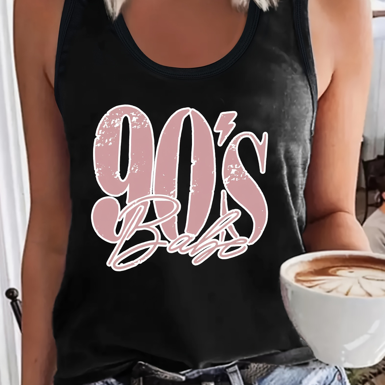 

90's Print Tank Top, Sleeveless Crew Neck Casual Top For Summer & Spring, Women's Clothing