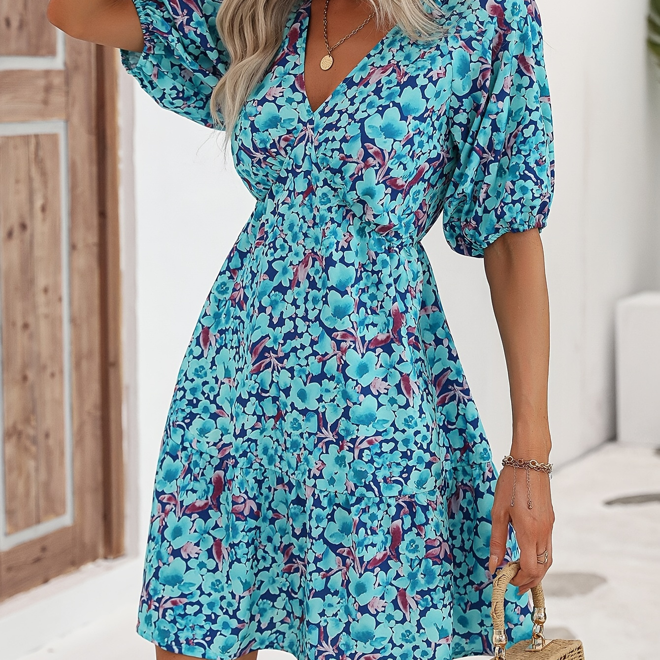 

Floral Print V Neck Dress, Elegant Puff Sleeve Mini Dress For Spring & Summer, Women's Clothing