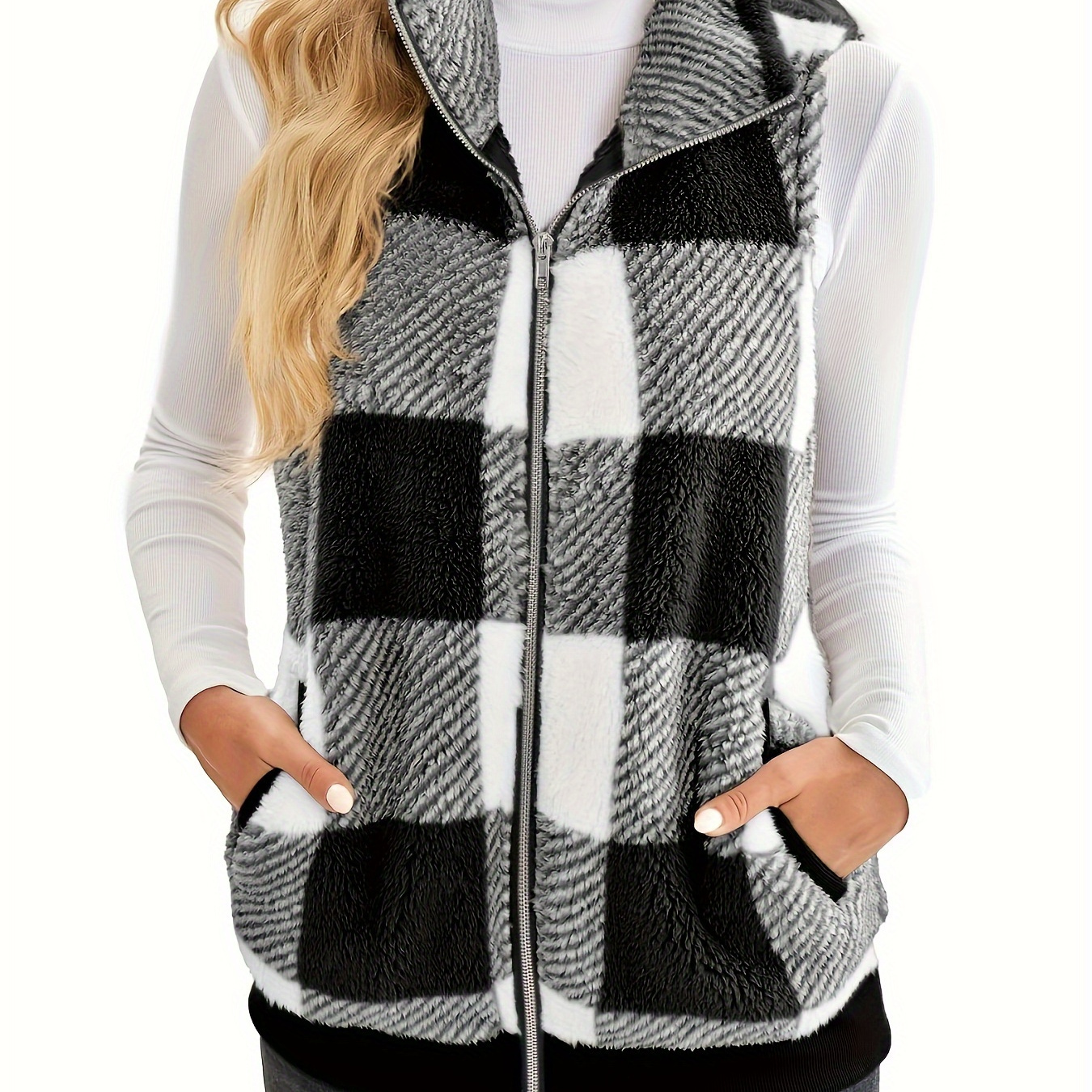 Plaid Stand Collar Teddy Vest, Casual Zip Up Sleeveless Vest, Women's Clothing