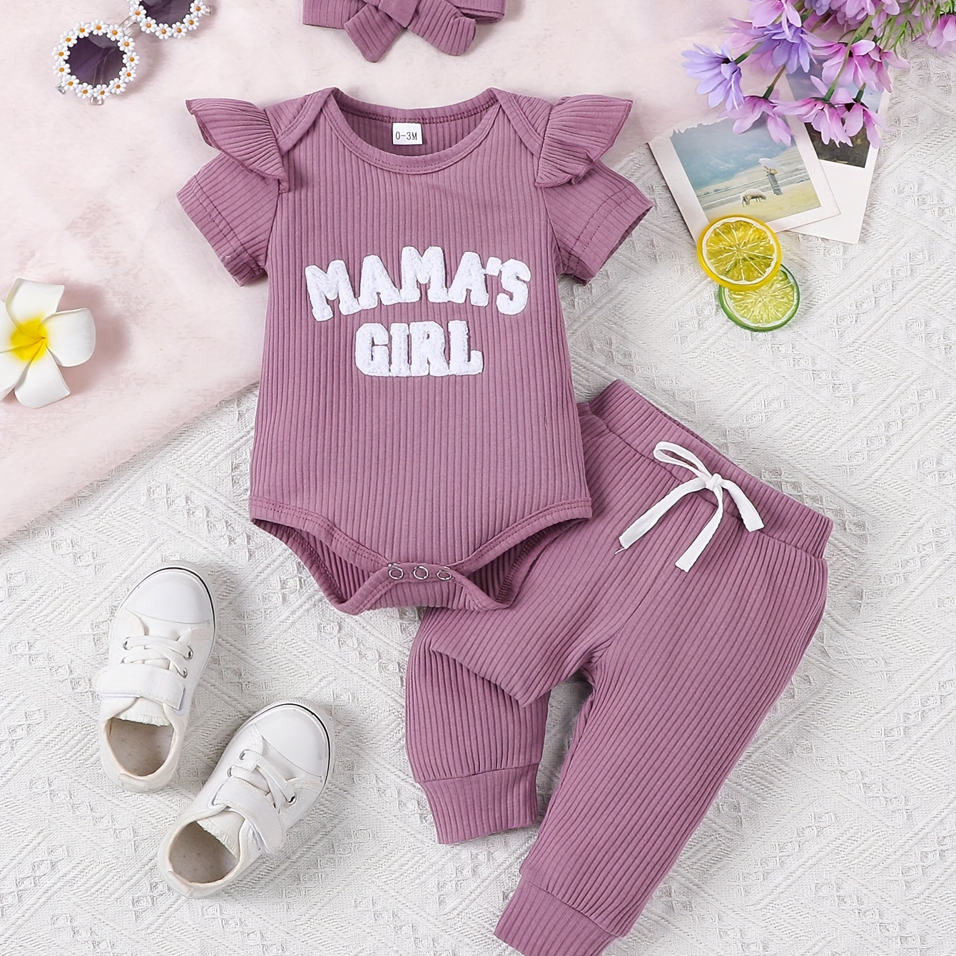 

2pcs Infant & Toddler's Mama's Girl Patchwork Casual Set, Ribbed Short Sleeve Romper & Pants & Headband, Baby Girl's Clothes