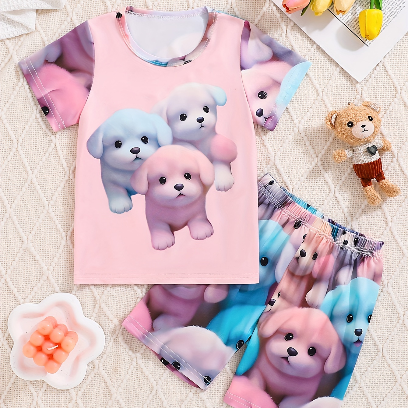 

Ensemble de pyjama 2 pièces pour filles, imprimé chiot de dessin animé 3D, haut à manches courtes à col rond et short, vêtements de nuit décontractés confortables, costume de détente élégant