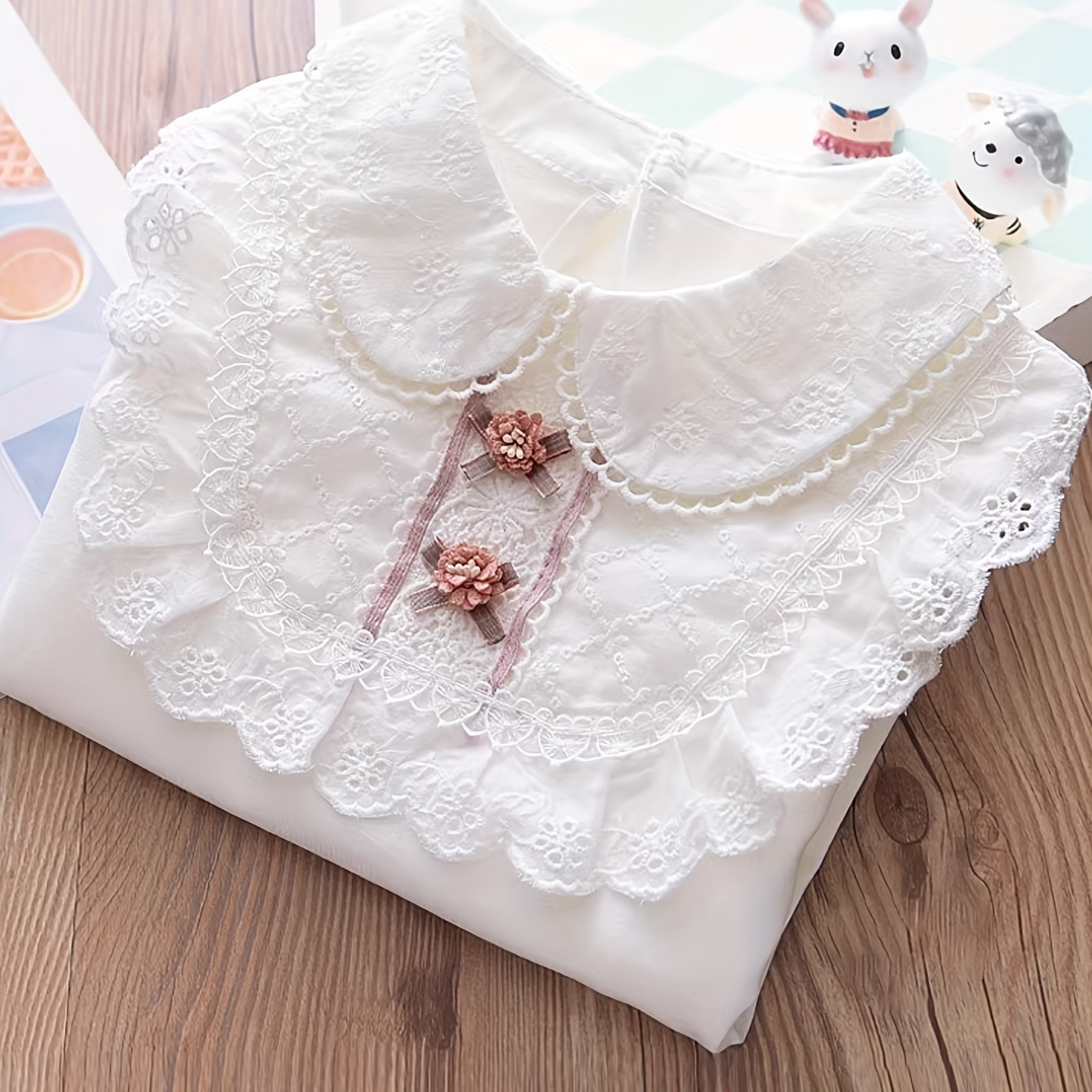 

95% Cotton, Flower Decor Lace Trim Long Sleeve T-shirt Tops For Girls Outdoor Gift