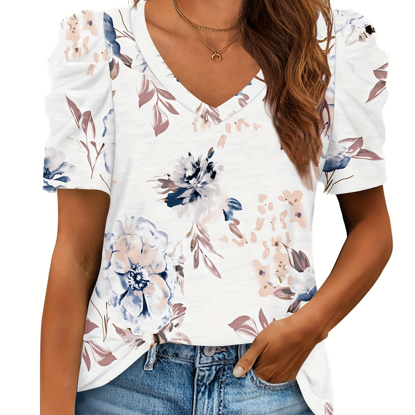 

Vintage Floral Print T-shirt, Random Print V Neck Short Sleeve Casual Top For Summer & Spring, Women's Clothing